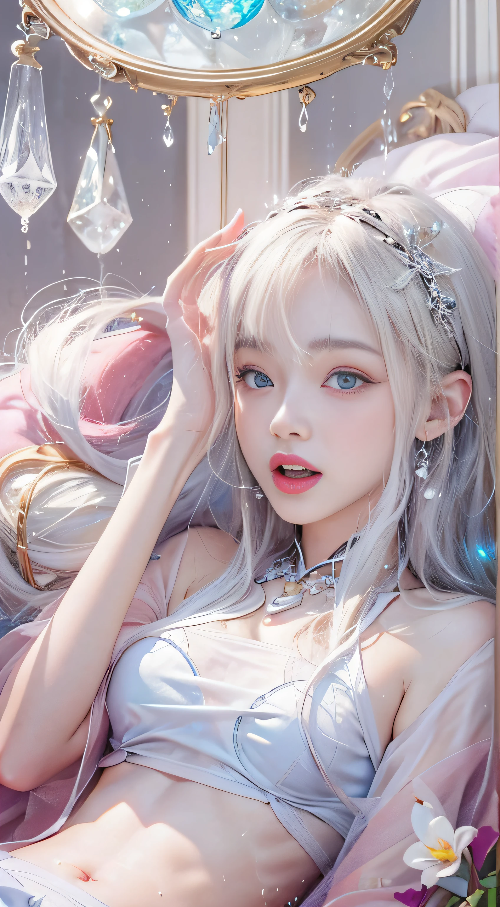 （Girl lying on bed）、portlate、bright expression、Young shiny shiny white shiny skin、Best Looks、ultimate beauty girl、The most beautiful platinum blonde hair in the world、shiny light hair,、Super long silky straight hair、Beautiful bangs that shine、Glowing crystal clear attractive blue eyes、Bust of medium size、（（hide the nipple with both hands,））Z、Beautiful blue eyes that shine、white  hair、silber hair、((Beautiful breasts :1.1)), (Exposed breasts）0p、mix４, (Best Illustration: 1.1), (Best Shadow: 1.1), tongue、Vaginal orchids、Runny Vaginal Discharge、Blowing tide、Very beautiful breasts、Grasp your breasts with both hands、 Spread your legs、sexual excitement、Sex Expressions、shinny skin。realisitic、Photorealsitic:1.37)、(Kpop Idol)、lying on one's side、dishevled hair、Medium Hair、(Pink blush)、(illuminating)、[[Open legs、Spread your legs apart]]、(独奏)、dynamicposes、((erectile nipple))、(Puffy eyes:1.２)、 (Slim legs)、erotick、nffsw、Highly detailed ambient occlusion、超A high resolution, A hyper-realistic, Highly detailed, (yawning), (((exhibitionism))), ((she is soaking wet)).Photo