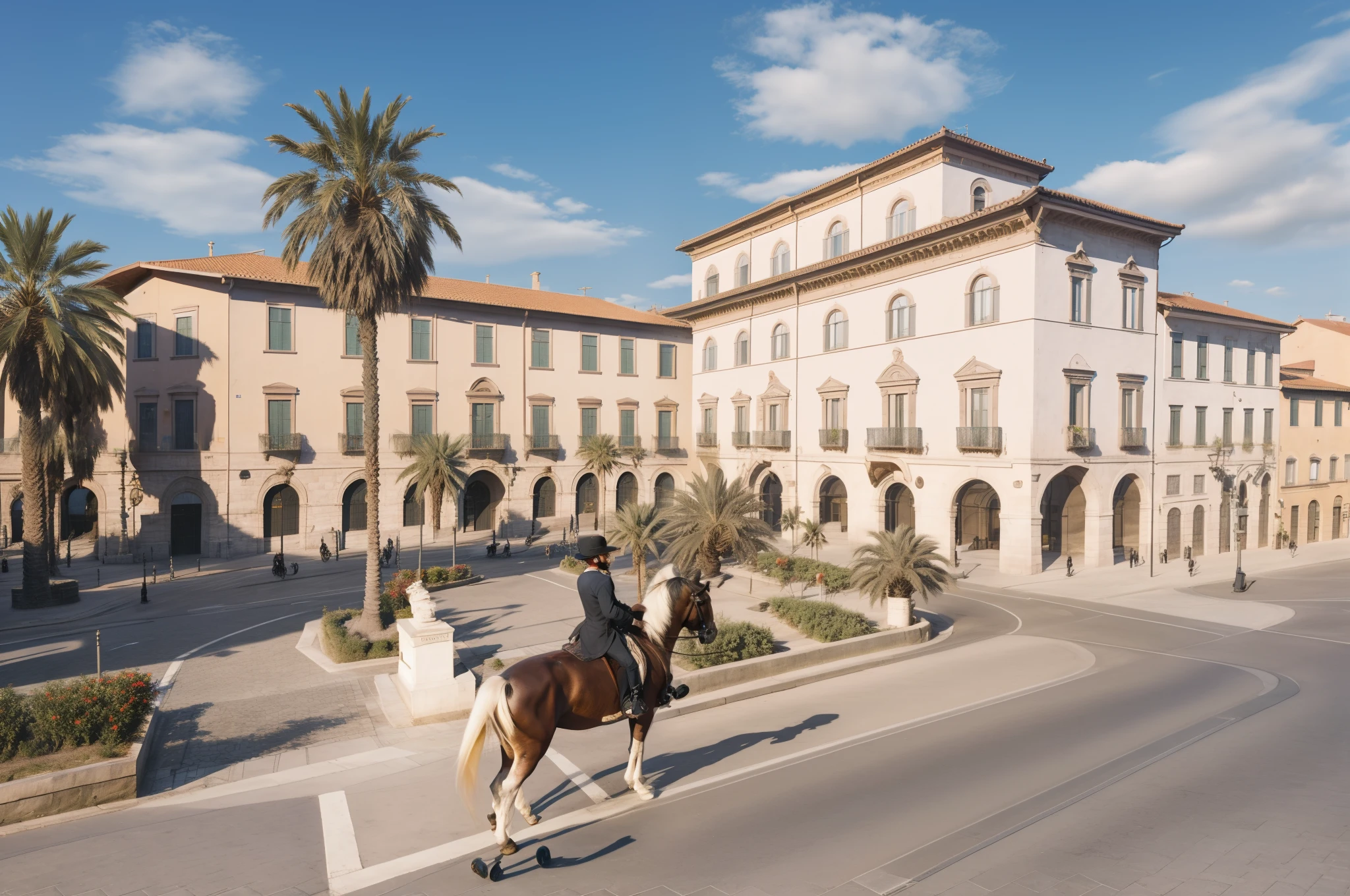view of a city square with Giuseppe Garibaldi riding a horse on the road, many palm trees around, liberty architecture, hyperrealism
