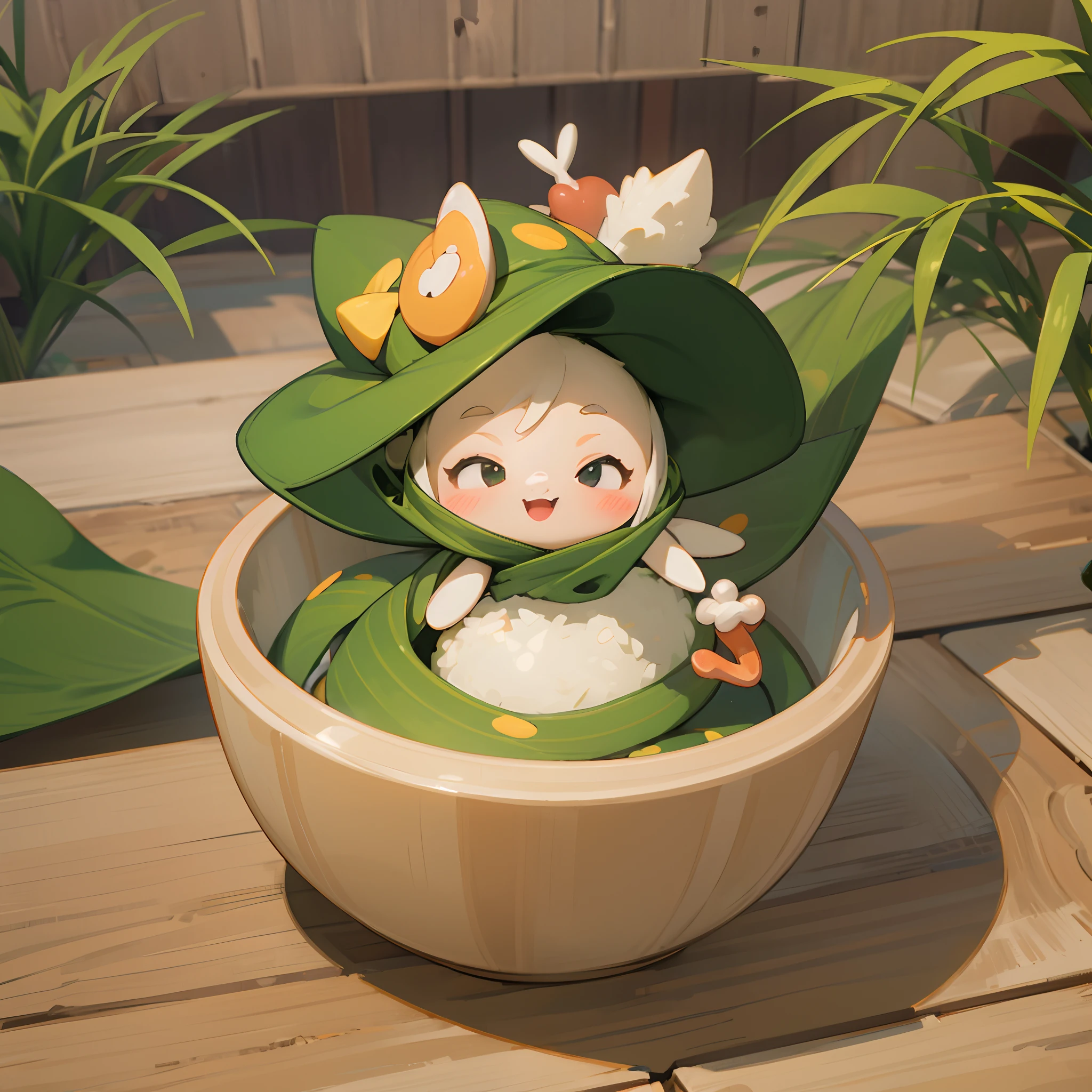 (a little Fuwa wearing a green tricorn hat), (sitting in a large bamboo bowl), rice dumplings, rice dumplings, cute 3D renderings, cute detailed digital art, cute digital art, cute cartoon characters, cute digital paintings, cute! c4d, cute character, popular japanese 3d, (white background), super detailed, thanks to chiding, japanese mascot 3d model, Nendoroid 3D, cute forest creature