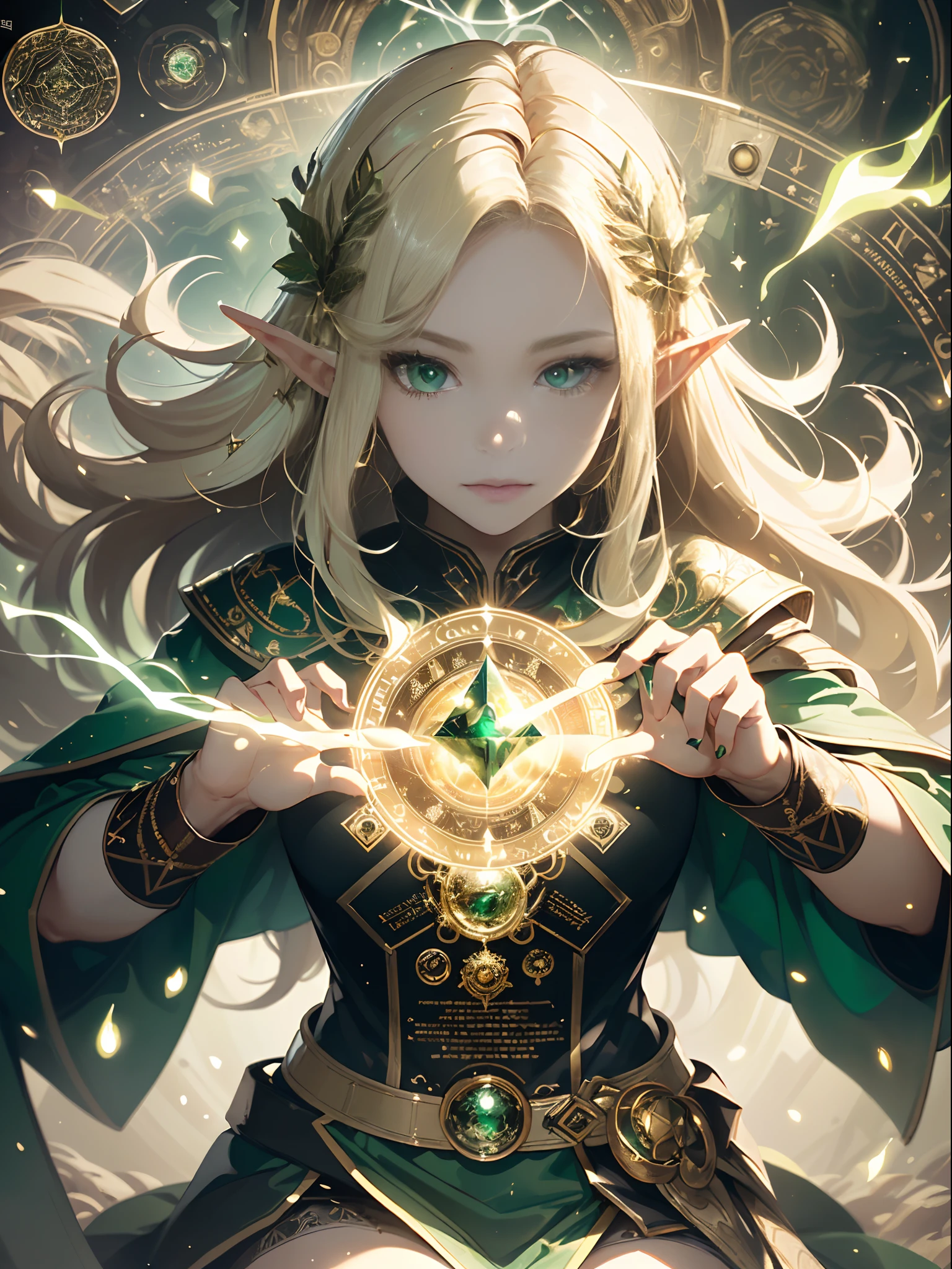 (((Masterpiece, highest quality, high definition, high detail)))), ((((Fantasy)))), one, (Elf woman)))), (short white skirt embroidered with gold), (Blonde long straight hair), (Fine dark green eyes)))), (Green cloak armor with gold embroidery)), Big, (Strong wind), (Cast spells)), (A lot of glowing grains are flying), ((( A vortex of light gathers in the hand))), (((Magic circle of light densely drawn with geometric patterns and magic letters in the background))), ((Many glowing green arrows are released)), forest, magic circle reflected in cloak
