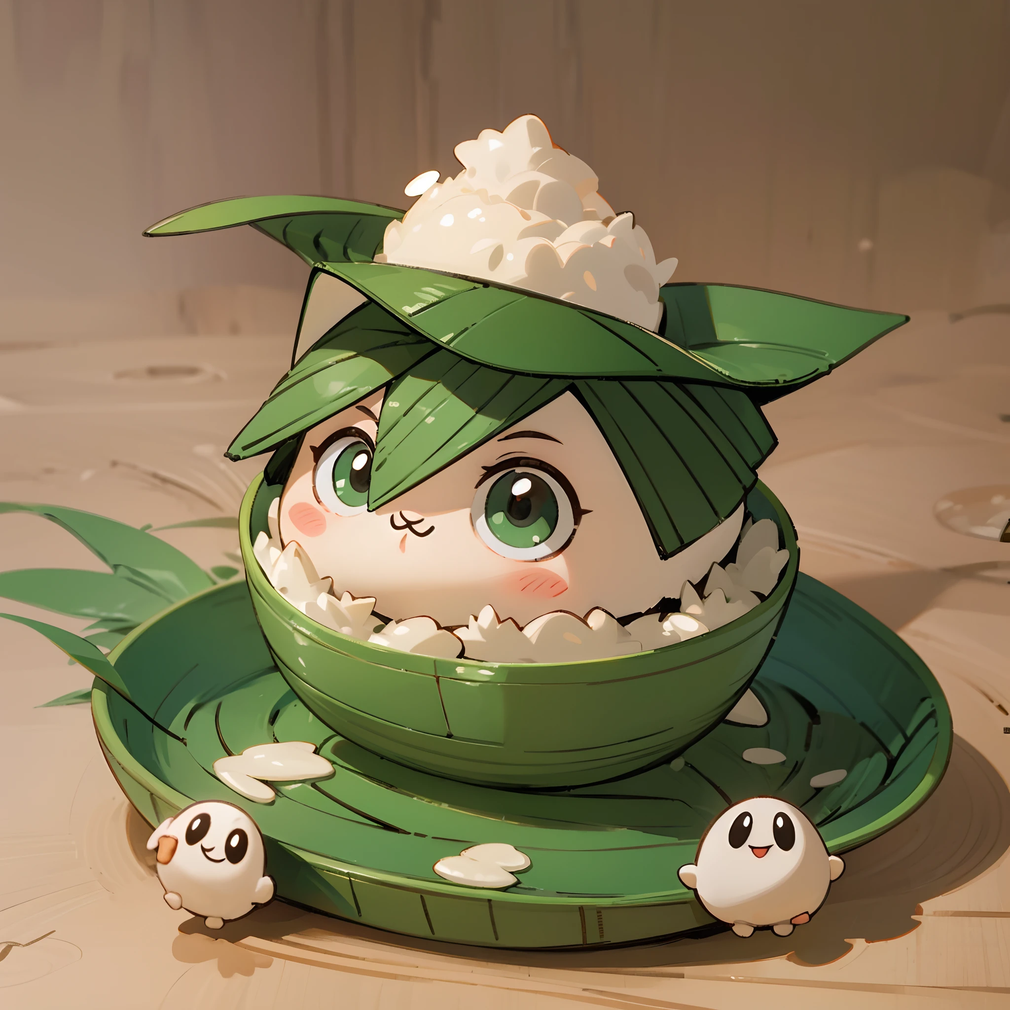 (a little Fuwa wearing a green tricorn hat), (sitting in a large bamboo bowl), rice dumplings, rice dumplings, cute 3D renderings, cute detailed digital art, cute digital art, cute cartoon characters, cute digital paintings, cute! c4d, cute character, popular japanese 3d, (white background), super detailed, thanks to chiding, japanese mascot 3d model, Nendoroid 3D, cute forest creature