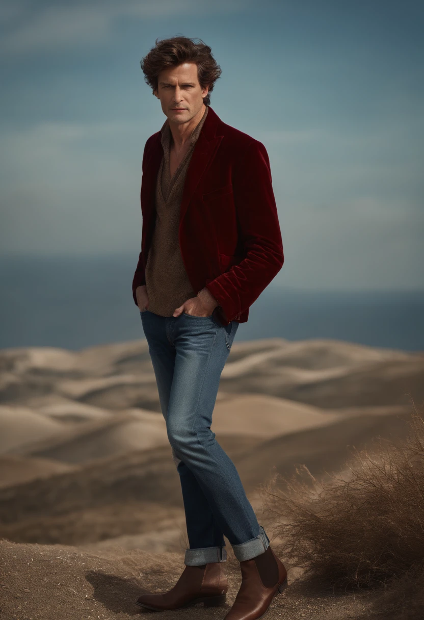 Un homme en rouge, Le style de Patrick Demarchelier. Dressed in a red velvet jacket and blue jeans , Grand et en forme, (40 ans:1.1), (shaven:1.2), (short brown wavy hair:1.5),(very short hair:1.6). in the style of ethereal beauty, Realistic blue sky, Hasselblad 1600F, Hyper-realistic portrait, couleurs vives, Lignes dynamiques, lisse et poli .