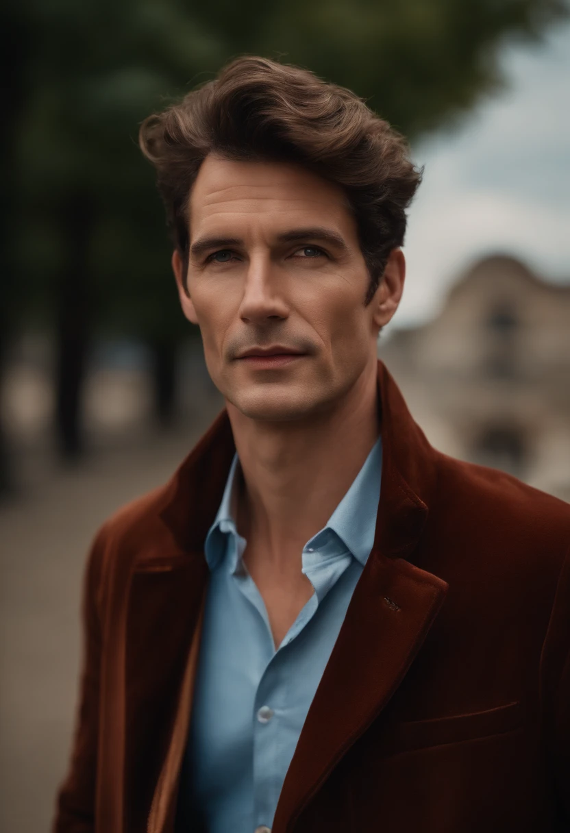 Un homme en rouge, Le style de Patrick Demarchelier. Dressed in a red velvet jacket and blue jeans , Grand et en forme, (40 ans:1.1), (shaven:1.2), (short brown wavy hair:1.5),(very short hair:1.6). in the style of ethereal beauty, Realistic blue sky, Hasselblad 1600F, Hyper-realistic portrait, couleurs vives, Lignes dynamiques, lisse et poli .