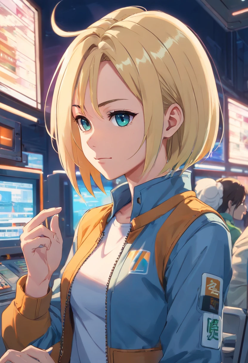 android 18, full body , looking at screen