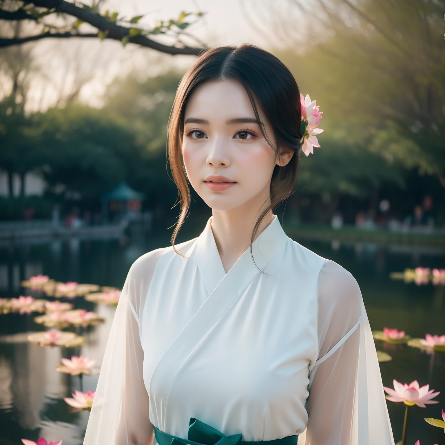 Ultra photo realsisim，Ultra-delicate，filmposter，Lotus pond，There is a small pavilion on the lake，The lady of Hanfu is walking，Real Persono，（Hanfu Fairy 1.3）（Delicate facial features1.3）（Slim hands 1.3）（Warm sunshine 1.3）（70-200mm lens close-up 1.2），Cinematic lighting effects，Aurora chase，（Delicate skin1.3），photore，（Lotus leaves are fresh and colorful1.5）