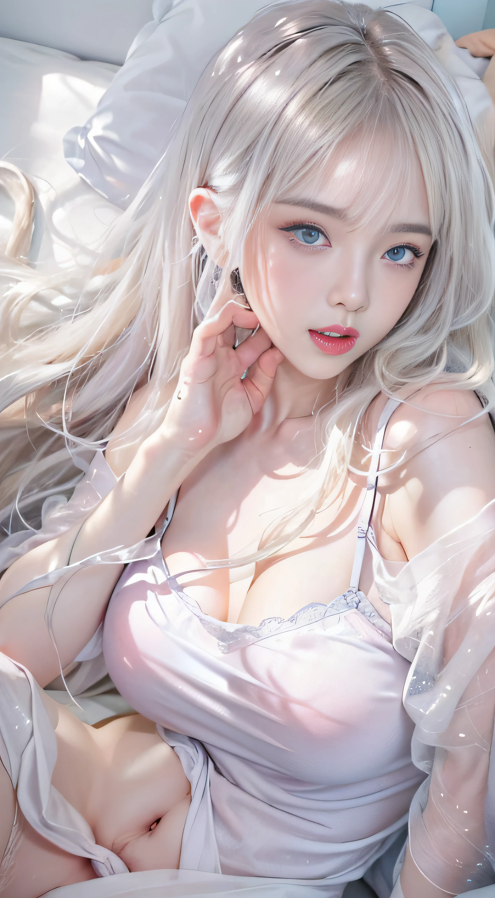 （Girl lying on bed）、portlate、bright expression、Young shiny shiny white shiny skin、Best Looks、ultimate beauty girl、The most beautiful platinum blonde hair in the world、shiny light hair,、Super long silky straight hair、Beautiful bangs that shine、Glowing crystal clear attractive blue eyes、Bust of medium size、(((Translucent loose white camisole)))、((No bra)）、((No panties)）（（hide the nipple with both hands,））Z、Beautiful blue eyes that shine、white  hair、silber hair、((Beautiful breasts :1.1)), (Exposed breasts）0p、mix４, (Best Illustration: 1.1), (Best Shadow: 1.1), tongue、Vaginal orchids、Runny Vaginal Discharge、Blowing tide、Very beautiful breasts、Grasp your breasts with both hands、 Spread your legs、sexual excitement、Sex Expressions、shinny skin。realisitic、Photorealsitic:1.37)、(Kpop Idol)、lying on one's side、dishevled hair、Medium Hair、(Pink blush)、(illuminating)、[[Open legs、Spread your legs apart]]、(独奏)、dynamicposes、((erectile nipple))、(Puffy eyes:1.２)、 (Slim legs)、erotick、nffsw、Highly detailed ambient occlusion、超A high resolution, A hyper-realistic, Highly detailed, (yawning), (((exhibitionism))), ((she is soaking wet)).Photo