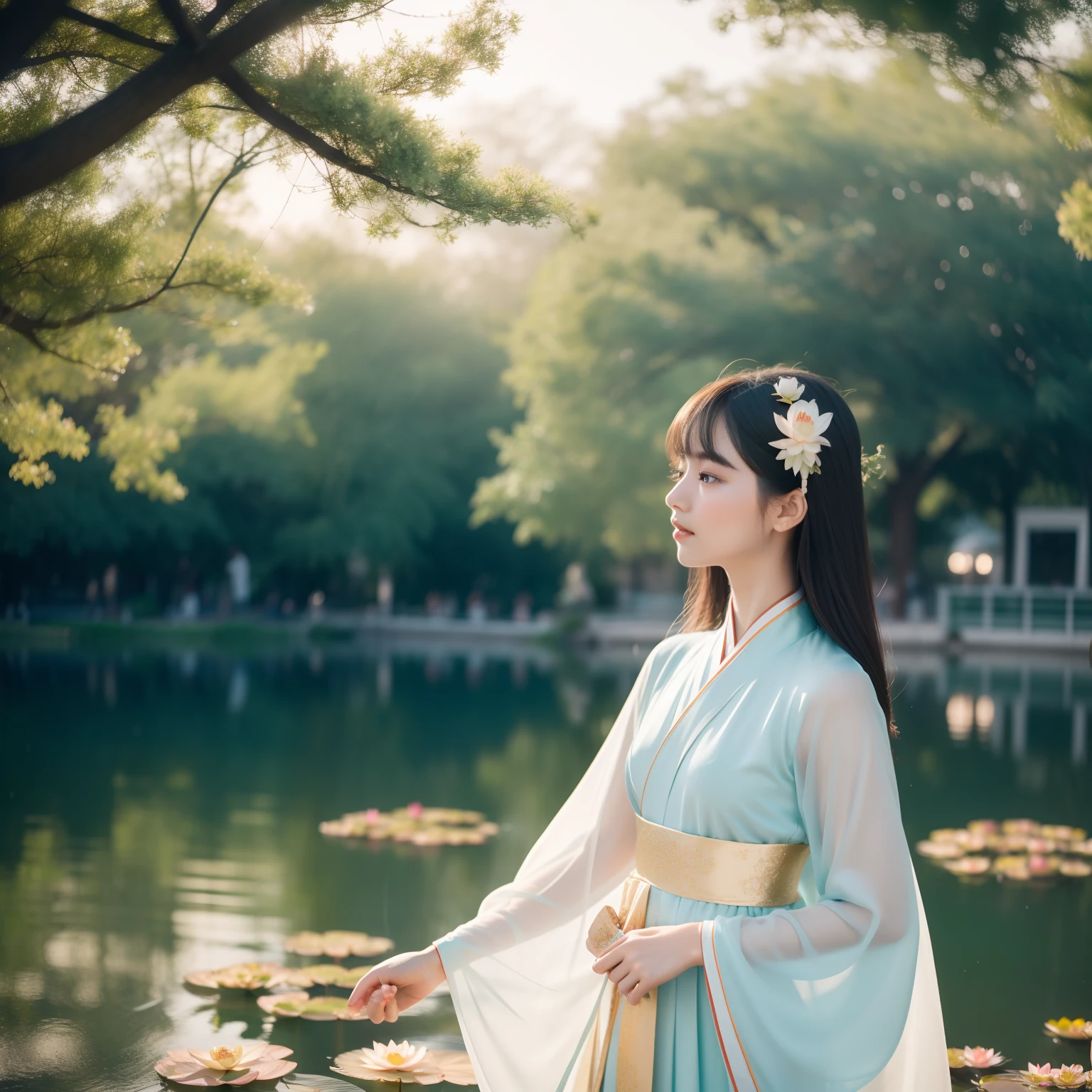 Ultra photo realsisim,ultra-delicate,filmposter,Lotus pond,There is a small pavilion on the lake,The young lady in Hanfu is walking,Real Persono,(Hanfu Fairy 1.3)(Delicate facial features1.3)(Delicate hands 1.3)(Warm sunshine 1.3)(70-200mm lens close-up 1.2),Cinematic lighting effects,Extreme light chasing,(Delicate skin1.3),photore,