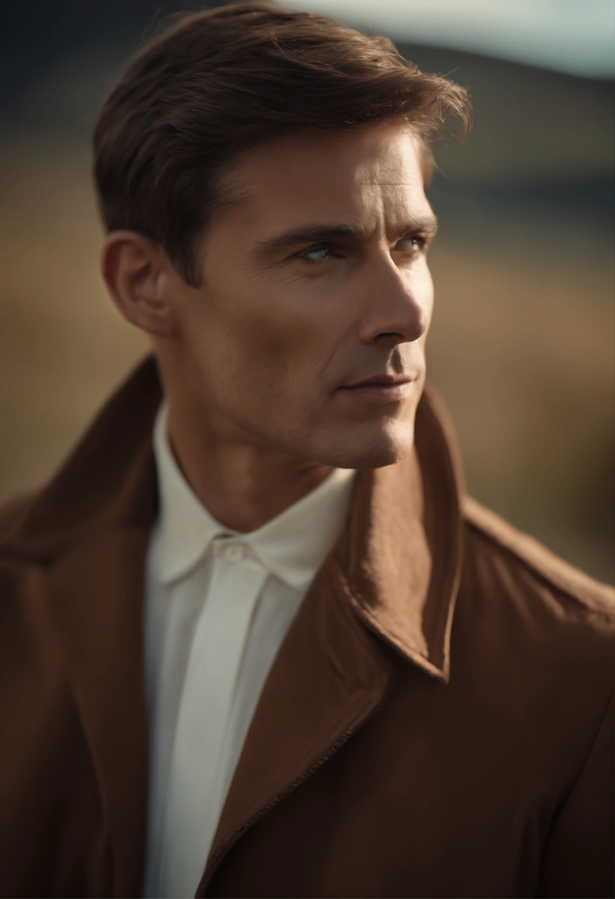 Un homme Handom (en rouge:1:1), (Dans le style de Patrick Demarchelier). porter une veste, Grand et en forme, (40 ans:1.1), (shaven:1.2), (short brown hair:1.5),(very short hair:1.6). in the style of ethereal beauty, Realistic blue sky, Hasselblad 1600F, Hyperrealistic portrait, couleurs vives, Lignes dynamiques, lisse et poli .