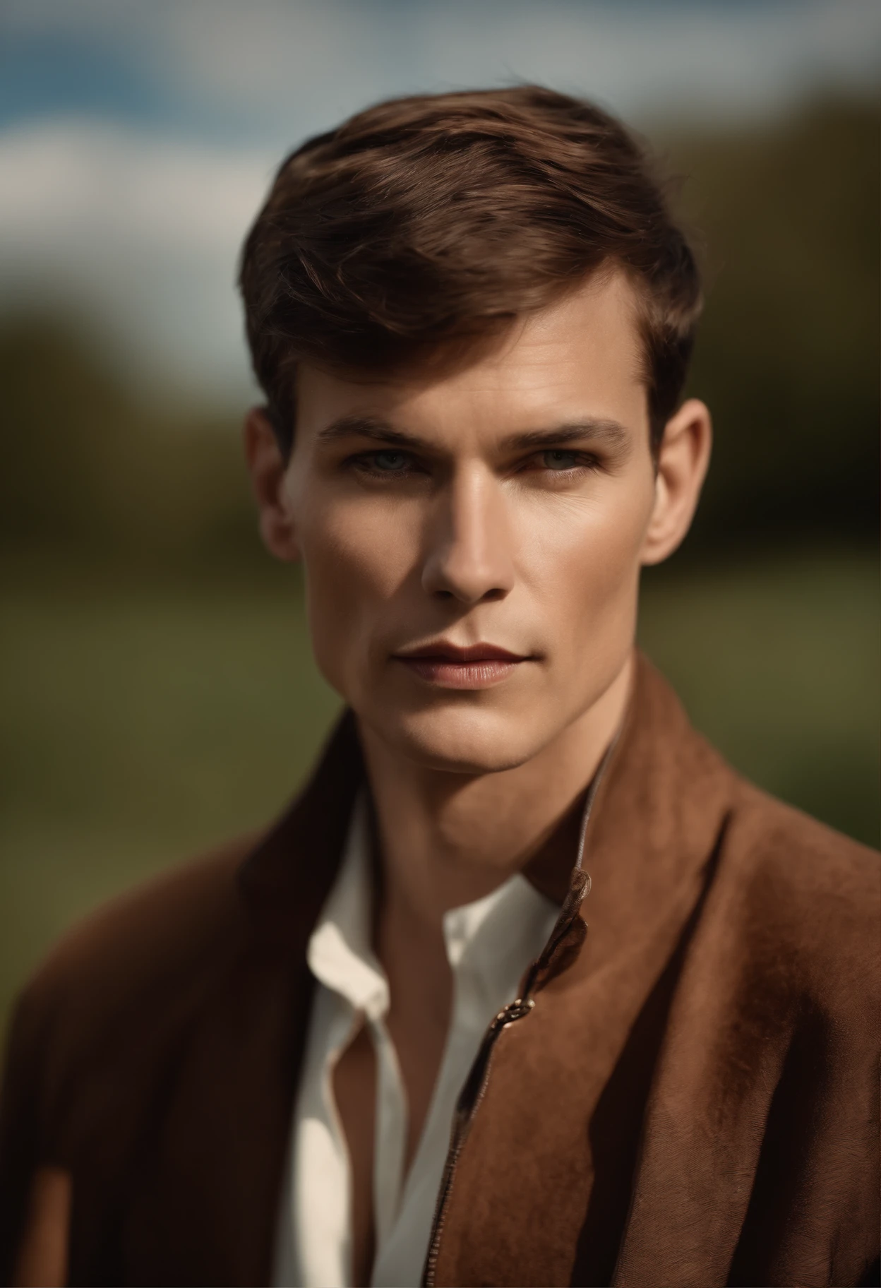 Un homme Handom (en rouge:1:1), (Dans le style de Patrick Demarchelier). porter une veste, Grand et en forme, (40 ans:1.1), (shaven:1.2), (short brown hair:1.5),(very short hair:1.6). in the style of ethereal beauty, Realistic blue sky, Hasselblad 1600F, Hyperrealistic portrait, couleurs vives, Lignes dynamiques, lisse et poli .