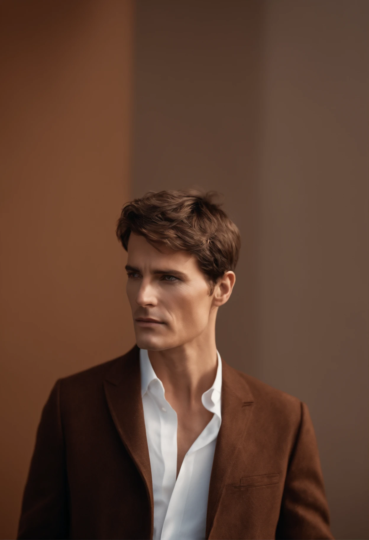Un homme Handom (en rouge:1:1), (Dans le style de Patrick Demarchelier). porter une veste, Grand et en forme, (40 ans:1.1), (shaven:1.2), (short brown hair:1.5),(very short hair:1.6). in the style of ethereal beauty, Realistic blue sky, Hasselblad 1600F, Hyperrealistic portrait, couleurs vives, Lignes dynamiques, lisse et poli .