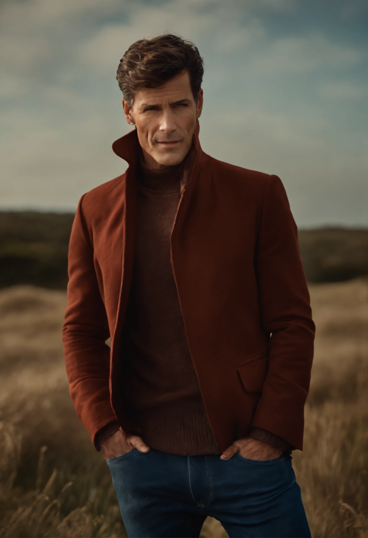 Un homme en rouge, Le style de Patrick Demarchelier. Dressed in a red velvet jacket and blue jeans , Grand et en forme, (40 ans:1.1), (shaven:1.2), (short brown wavy hair:1.5),(very short hair:1.6). in the style of ethereal beauty, Realistic blue sky, Hasselblad 1600F, Hyper-realistic portrait, couleurs vives, Lignes dynamiques, lisse et poli .