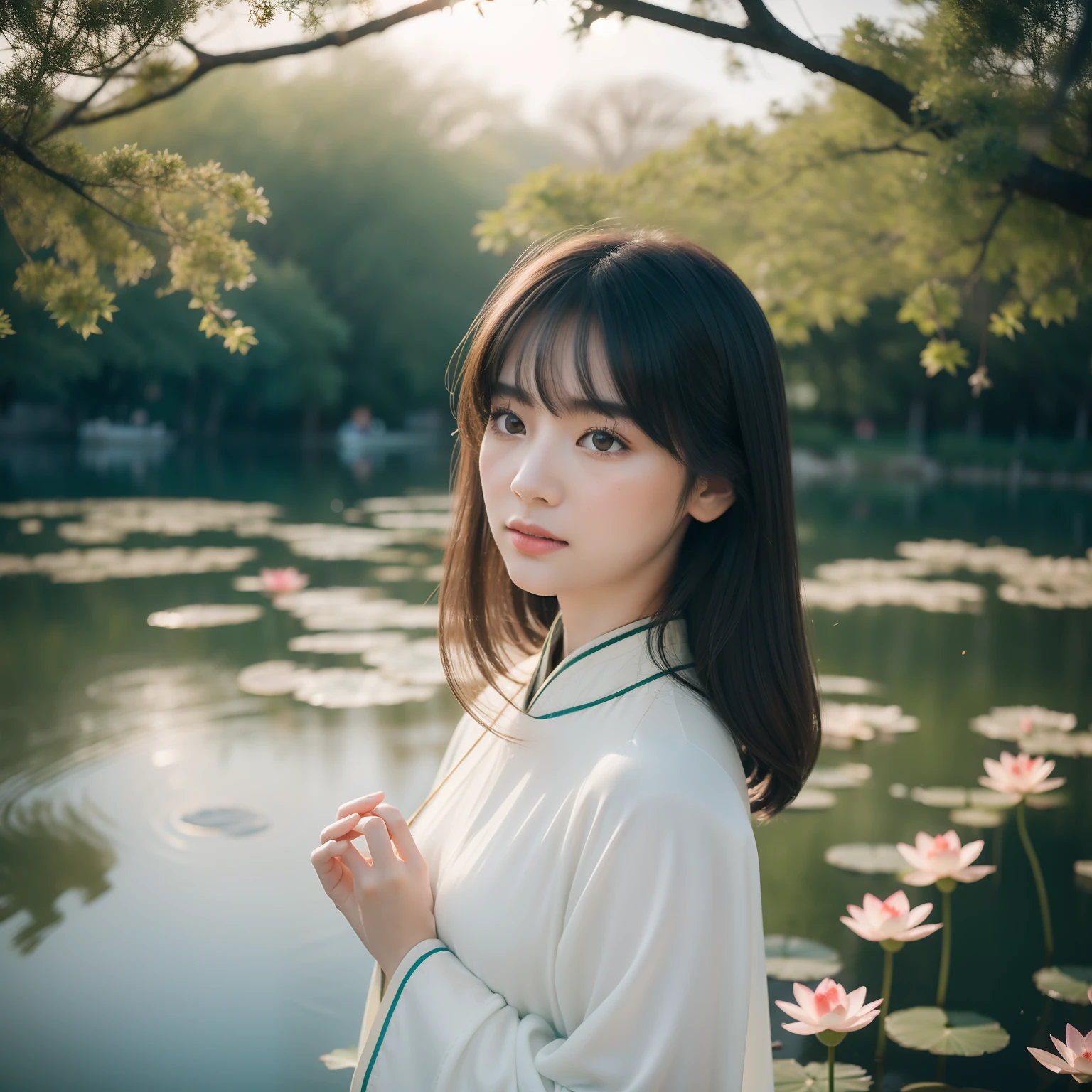 Ultra photo realsisim，ultra-delicate，filmposter，Lotus pond，There is a small pavilion on the lake，The young lady in Hanfu is walking，Real Persono，（Hanfu Fairy 1.3）（Delicate facial features1.3）（Delicate hands 1.3）（Warm sunshine 1.3）（70-200mm lens close-up 1.2），Cinematic lighting effects，Extreme light chasing，（Delicate skin1.3），photore，