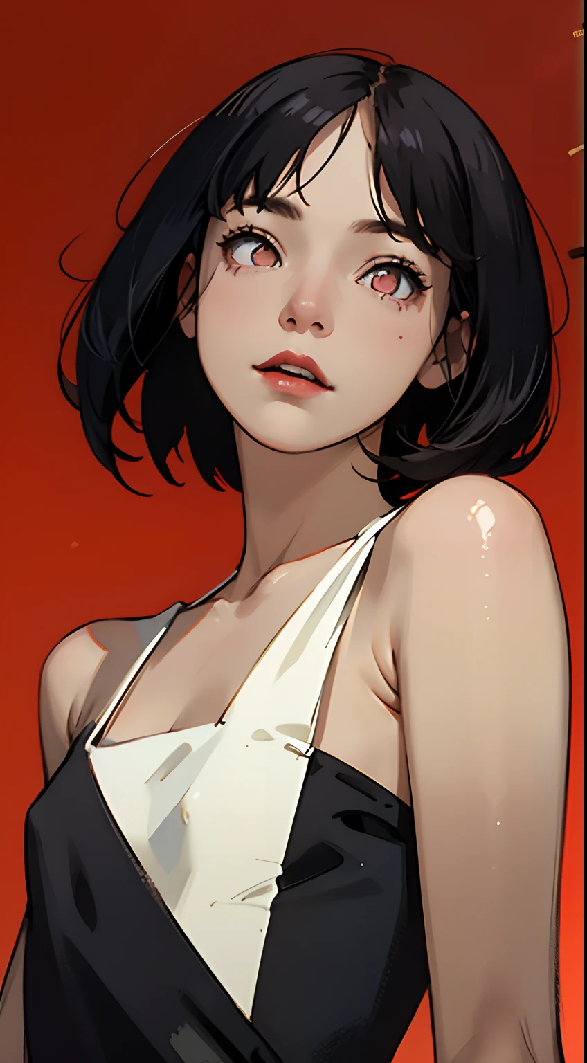 ultra hyper-detailed、hiquality、beste-Qualit、higly detailed、Accurate illustrations、Pencil drawing、Edge detection、sharpness、High contrast、highlight、photoRealstic、cinematiclight、8K、bright red background、Buly gradient background、gradients、Girl with dark skin、handsome girl、Black Dress、bright red lipstick、Bright red eyeshadow、red eyes、Dark hair、short-hair、Take short hair