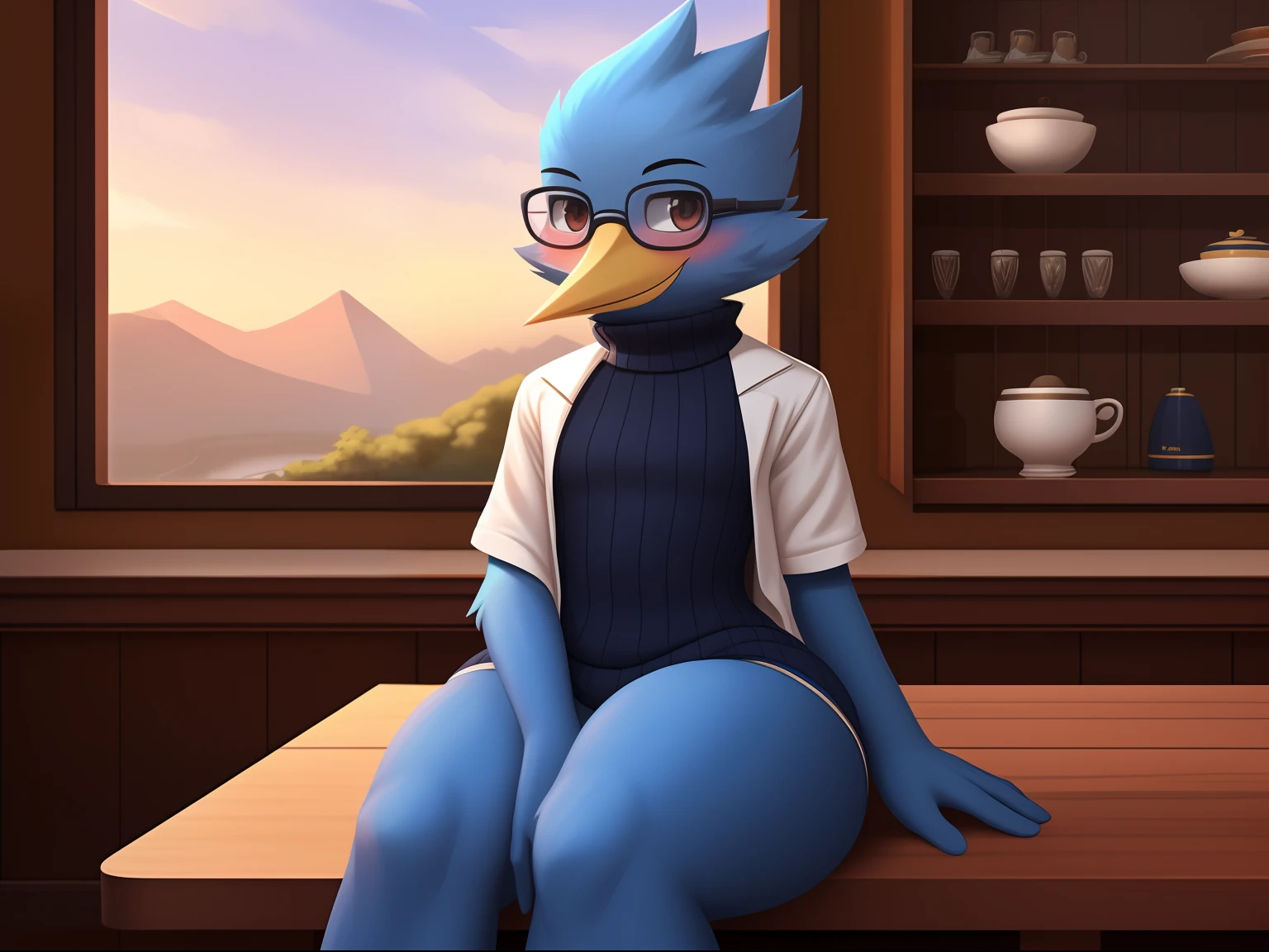 Berdly from Deltarune, professional art made by twistedscarlett60, male, avian, bird, avian tail, bird tail, blue body, blue feathers, feathery, blue skin, fully blue skin, completely blue skin, fully blue body, artist:twistedscarlett60, round glasses, thighs, thick thighs, library, school library, top-naked, black thigh-highs, pretty eyes, sitting down, smile, looking at you, sex, alien sex, tentacles deep in pussy, tentacles fucking pussy, blue breasts, big breasts,