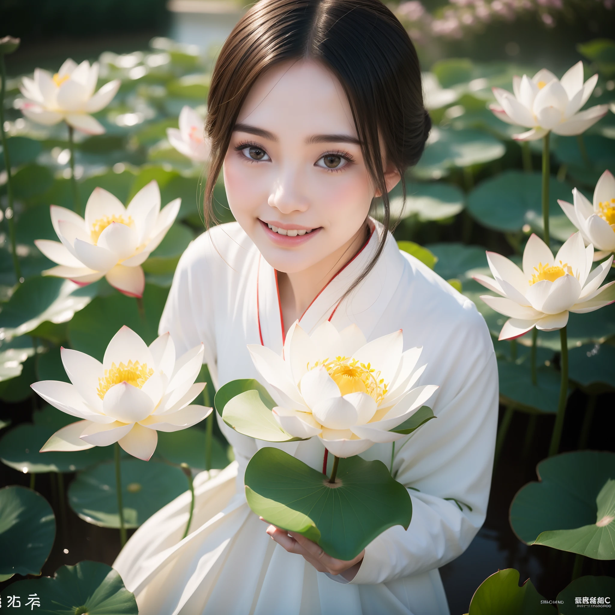 Ultra photo realsisim,ultra-delicate,filmposter,(Fresh and colorful lotus leaves in the lotus pond in early summer1.5),There is a small pavilion on the lake,A young lady in Chinese Hanfu is walking,Real Persono,(Hanfu Fairy 1.3)(Delicate facial features1.3)(Delicate hands 1.3)(Warm sunshine 1.3)(70-200mm lens close-up 1.2),Cinematic lighting effects,Extreme light chasing,(Delicate skin1.3),photore,(Super realistic color combination1.3)(smile1.2)(Hanfu is colorful and varied1.3)