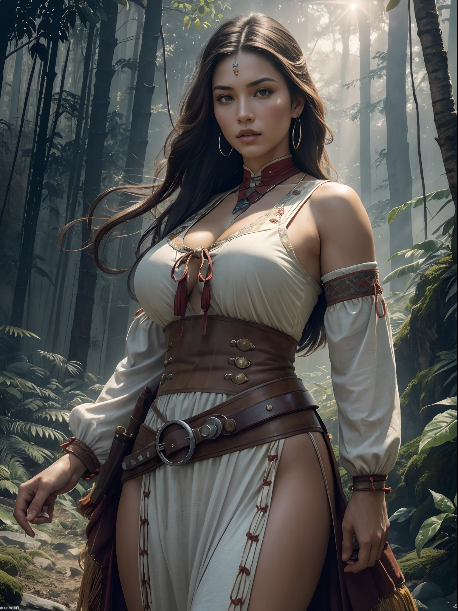 ((masutepiece)), ((Best Quality)), ((hight resolution)), Extremely detailed)), One girl as a costume for Pocahontas, Full body, infp young woman, Big Breast, (Super realistic), (matchless beauty), Detailed skin texture, Detailed Cloth Texture, beautifull detailed face, Intricate details, ultra-detailliert, Indigenous Feather Jewelry, Traditional handmade dresses, Armed Female Hunter Warrior, Dynamic Pose, ((Aim for the bow)),  (((Wild west))) environment, in the  jungle, A hyper-realistic, Concept art, Elegant, ((Convoluted)), ((Highly detailed)), depth of fields, ((professionally color graded)), soft ambient lighting, Dusk, Best Quality, hight resolution, Photorealistic, primitive, 8K,masutepiece, Best Quality, Master Furnace 8K.nffsw. Hi-Lib:1.2, film grains, Blur blur:1.2, Lens Flare, (vivd colour:1.2), (Delicate),