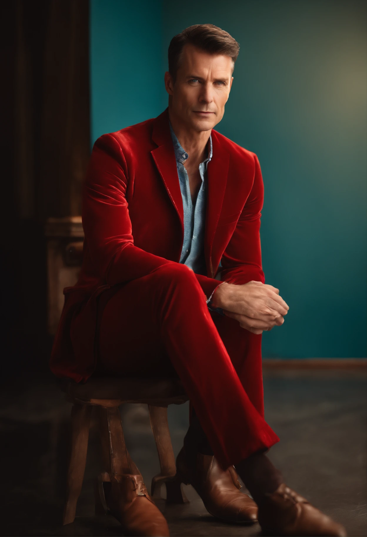 A handsom man in red, the style of patrick demarchelier. wearing a red velvet jacket and blue jeans , Tall and fit, (40 years old:1.1), (shaven:1.2), (short brown hair:1.5),(very short hair:1.6). in the style of ethereal beauty, realistic blue skies, hasselblad 1600f, hyper-realistic portraiture, bold colors, dynamic lines, smooth and polished .