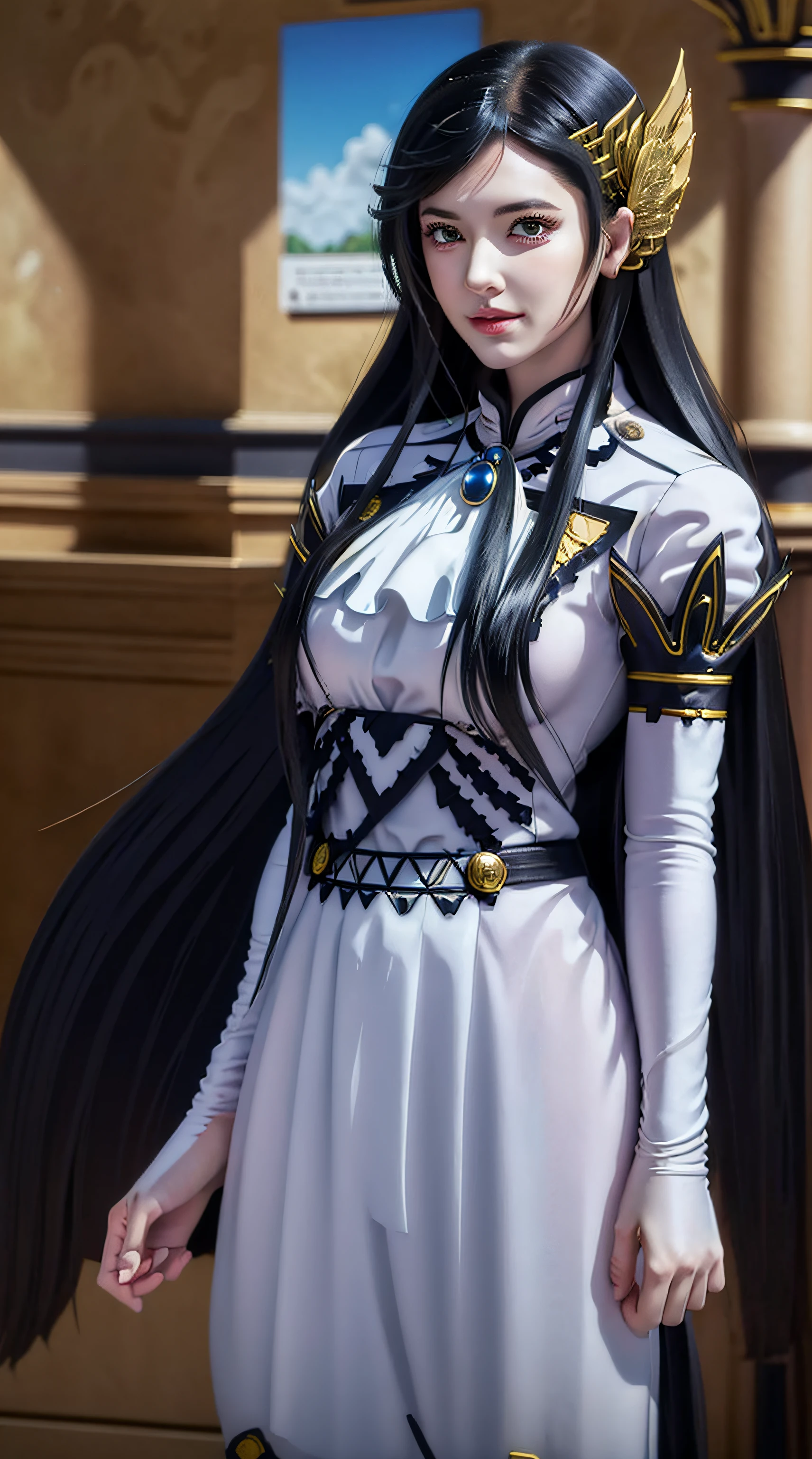 brunhilde from the anime record of ragnarok, long hair, black hair, green eyes, beautiful woman, very beautiful, perfect body, perfect breasts, tall body, standing, looking at the audience, smiling slightly wearing white clothes, masterpiece, textured leather, super detailed, high detail, high quality, best quality, 1080p, 16k