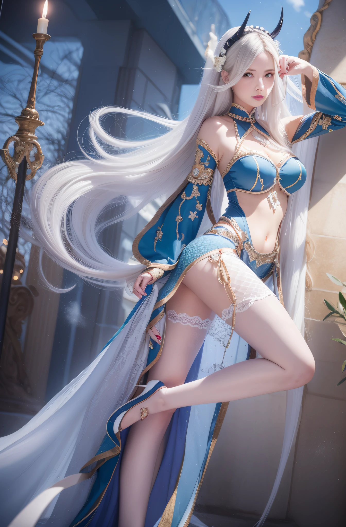 female, white long hair, wearing blue navy dress elegant, the stomach is open, blue nails, glaze expression, Mermaid three horn headband, photorealistic, masterpiece