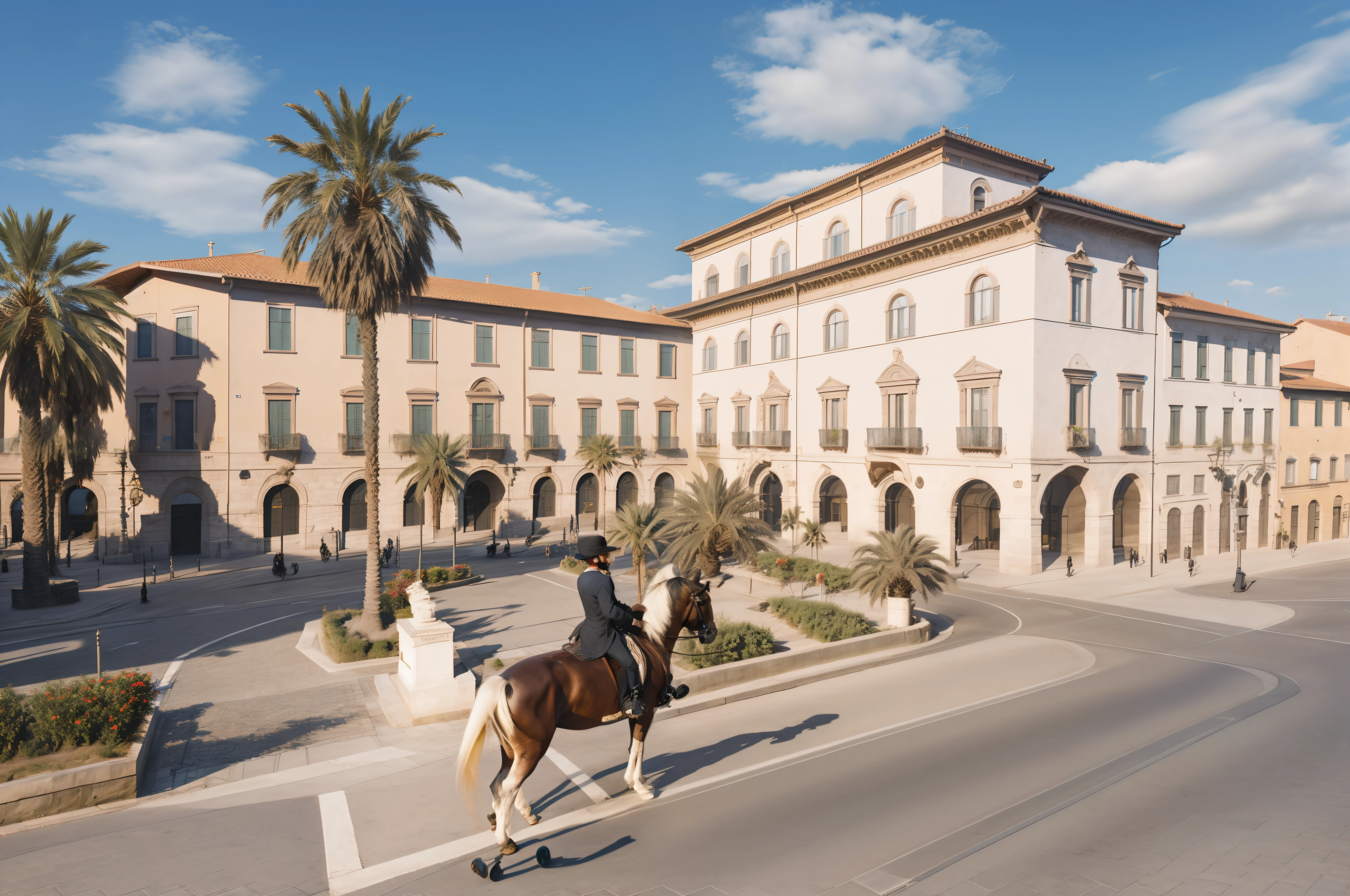 view of a city square with Giuseppe Garibaldi riding a horse on the road, many palm trees around, liberty architecture, hyperrealism