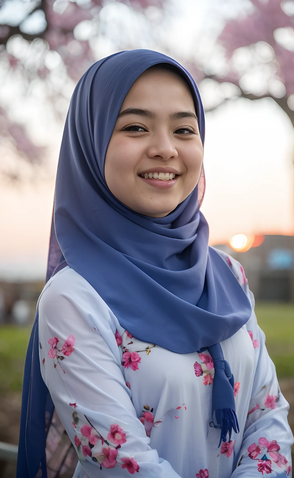 Masterpiece:1.2, high quality, best quality, high resolution, detailed, hyper realistic, 1 malay girl in hijab, blue eyes, head tilt, sunset, birds flying, cherry blossom, Portrait, closed eyes, smile, showing teeth, (detailed face), ((sharp focus)), ((face)), upper_body
