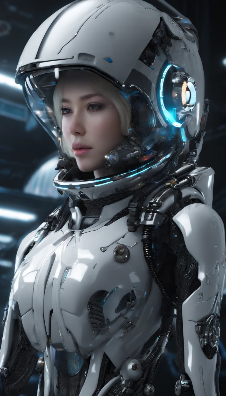 ​masterpiece、top-quality、The ultra -The high-definition、Top resolution、ighly detailed、profetional lighting、illustratio、(Futuristic spaceship interior interior)、(Inside the space station)、Space passenger aircraft seats、bustshot,1人の女性,(space helmet):1.8,(space suits:1.4),(Glossy Latex Silver Bodysuit):1.3,(deadpan:1.5),(real  face):1.5,(Blonde Shorthair):1.2,(dark hair), Shining hair ornament, head phone,space suits,Colossal tits、(A slight smil:1.0)、pretty skin、Japanese girl