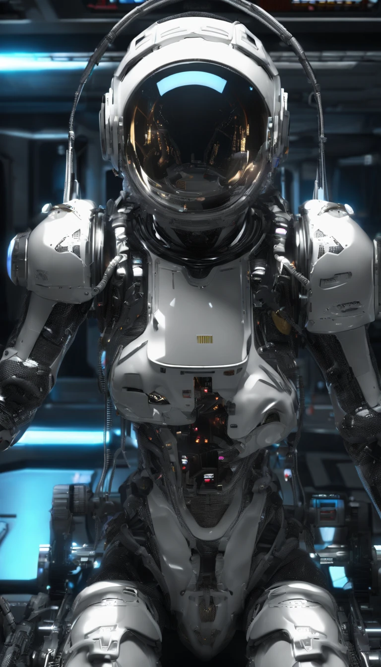masterpiece、top-quality、The ultra -The high-definition、Top resolution、ighly detailed、profetional lighting、illustratio、(Futuristic spaceship interior interior)、(Inside the space station)、Space passenger aircraft seats、bustshot,1人の女性,(space helmet):1.8,(space suits:1.4),(Glossy Latex Silver Bodysuit):1.3,(deadpan:1.5),(real face):1.5,(Blonde Shorthair):1.2,(dark hair), Shining hair ornament, head phone,space suits,Colossal tits、(A slight smil:1.0)、pretty skin、Japanese girl