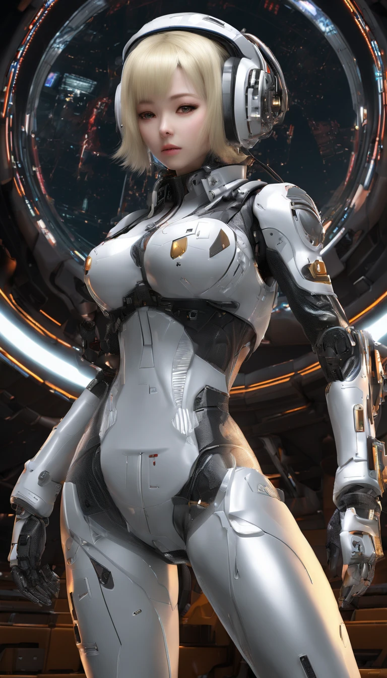 ​masterpiece、top-quality、The ultra -The high-definition、Top resolution、ighly detailed、profetional lighting、illustratio、(Futuristic spaceship interior interior)、(Inside the space station)、Space passenger aircraft seats、bustshot,1人の女性,(space helmet):1.8,(space suits:1.4),(Glossy Latex Silver Bodysuit):1.3,(deadpan:1.5),(real  face):1.5,(Blonde Shorthair):1.2,(dark hair), Shining hair ornament, head phone,space suits,Colossal tits、(A slight smil:1.0)、pretty skin、Japanese girl