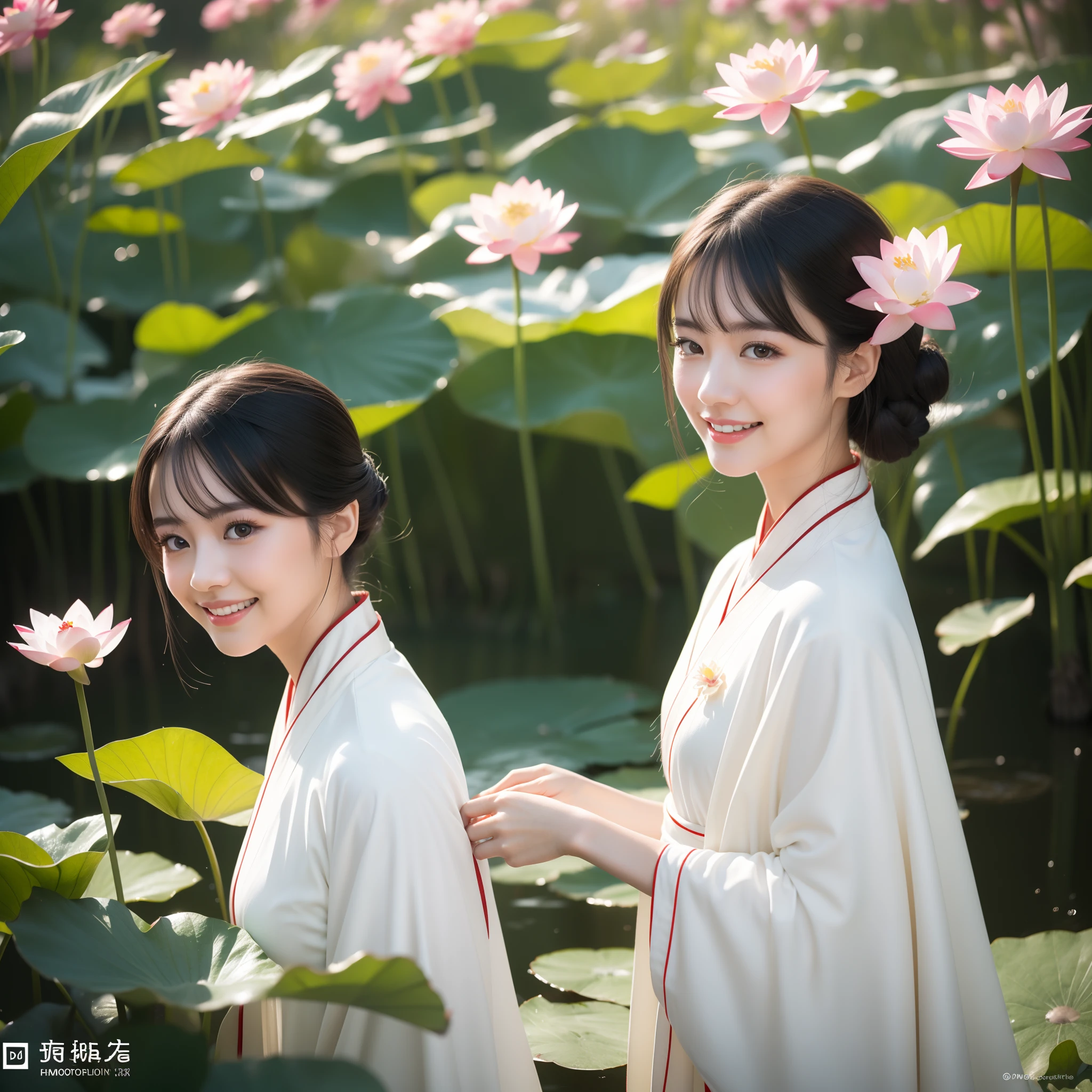 Ultra photo realsisim,ultra-delicate,filmposter,(Fresh and colorful lotus leaves in the lotus pond in early summer1.5),There is a small pavilion on the lake,A young lady in Chinese Hanfu is walking,Real Persono,(Hanfu Fairy 1.3)(Delicate facial features1.3)(Delicate hands 1.3)(Warm sunshine 1.3)(70-200mm lens close-up 1.2),Cinematic lighting effects,Extreme light chasing,(Delicate skin1.3),photore,(Super realistic color combination1.3)(smile1.2)(Hanfu is colorful and varied1.3)