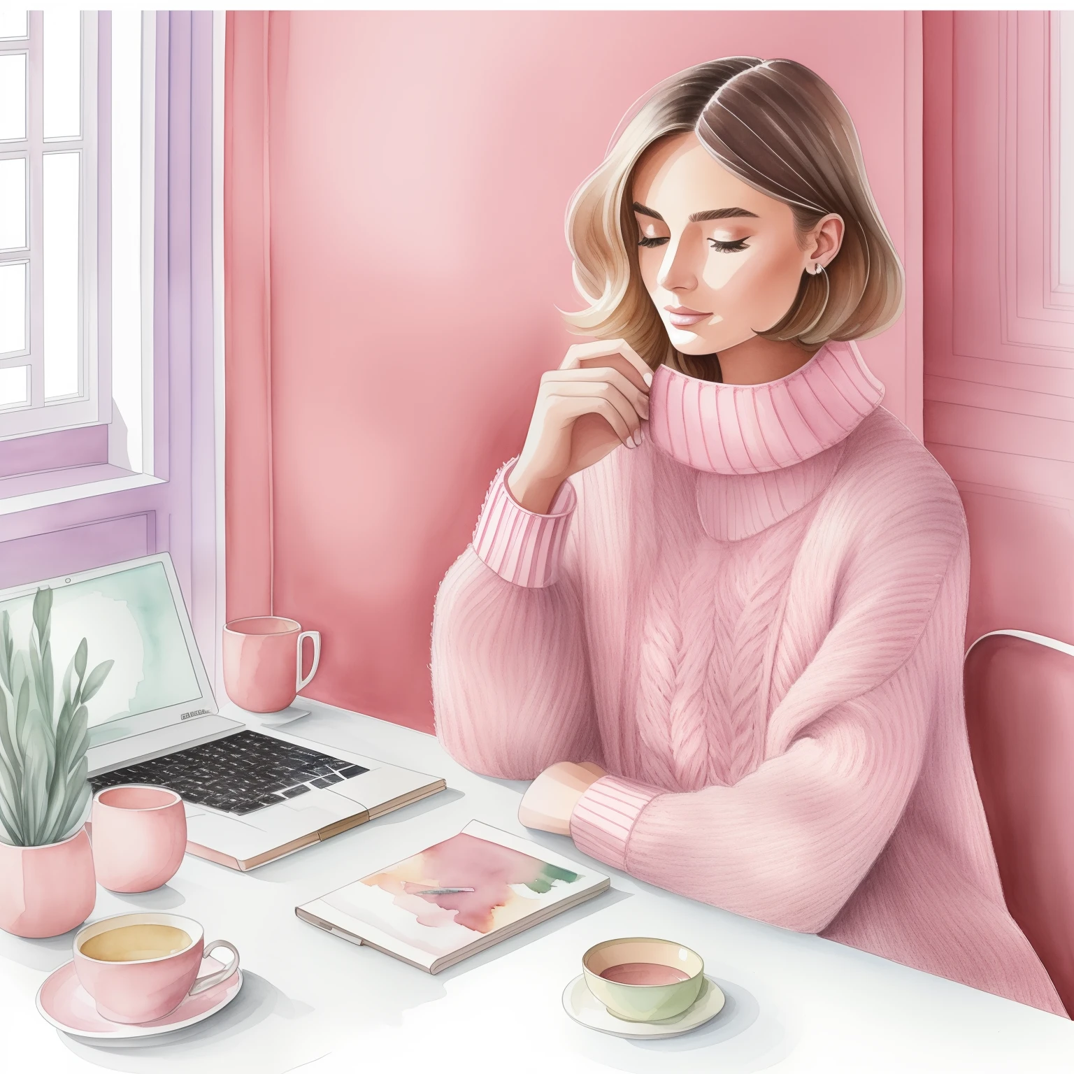 cecilia carlstedt and kasiq jungwoo fashion illustration, light brown thin hair blonde french bob haircut woman, andreea diaconu, fluffy lilac sweater jeans work laptop, green tea cup, home in paris, watercolor hand-drawn art, peach, pink color, one woman on a picture
