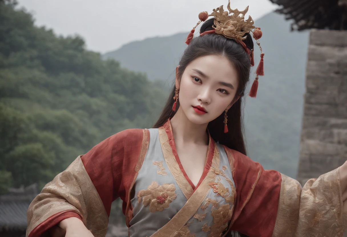 Feng Shen List,tmasterpiece,ultra fine photos,,best qualtiy,超高分辨率,Photoreality,Chiaroscuro,(full-body portraits),stunningly beautiful,dynamicposes,delicated face,Bigchest,Murderous eyes,(seen from the side),She wears ancient Chinese armor,very highly detailed background,detailed face with,Detailed and complex busy background,untidy,opulent,milkyW,Highly detailed skin,Realistic details of skin,Visible Pore,tack sharp focus,volume fog,8k uhd,digital SLR camera,high qulity,filmgrain,White skin of the,photo-realism,lomography,The palace of the Yin Shang King in ancient China , look from down, semi transparent, big breasts