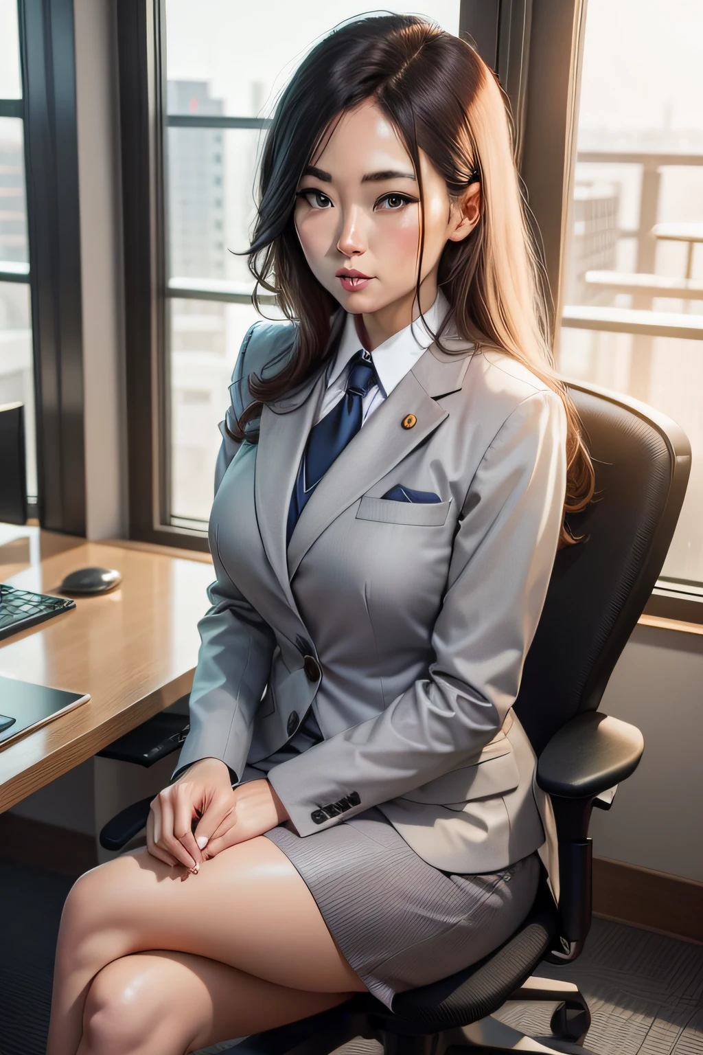 Image of cool adult woman in gray suit with Japan face sitting on chair and crossing legs in beautiful office
