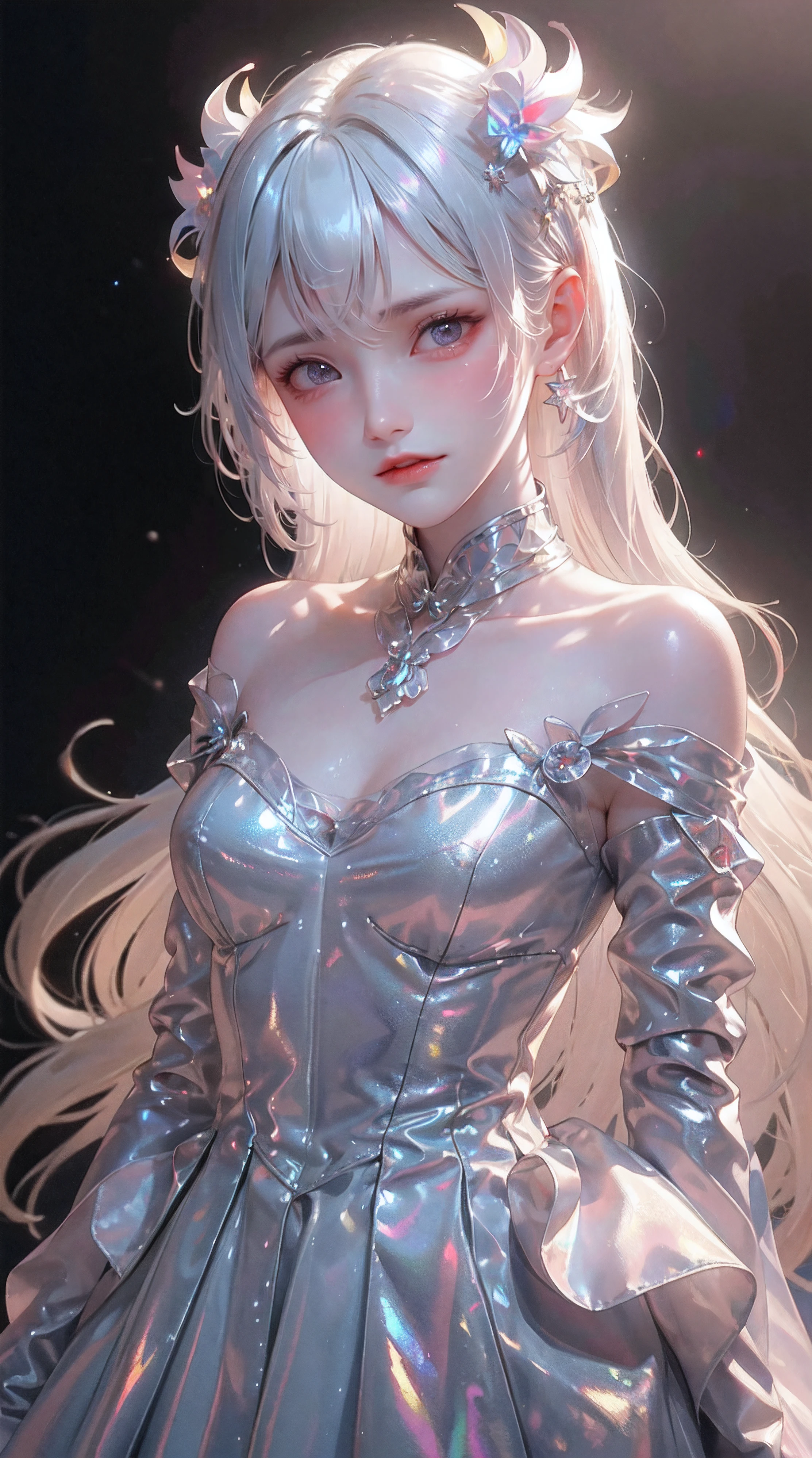 [(ulzzang 1.1:0.1), (pureros:0.1):-0.05], (semi realistic:1.3), (dynamic pose:1.2), (silver hair:1.35), (cosplay:1.35), (masterpiece:1.2), (best quality:1.15), (1girl:1.2), (solo:1.2), (erotic:1.2), (korean mixed, kpop idol:1.3), (vintage white laced gold trim dress:1.1), (femme fatale:1.3), (upturned eyes:1.3), (thick eyebrows:1.1), (long Eyelashes+smokey eyeliner+eyeglitter+red eyeshadow+gloss lips+erotic sexy makeup:1.1), 22 years old girl, teenager, (depth of field:1.1), (supreme quality beautiful face:1.3), (supreme quality beautiful bright eyes:1.3), (supreme quality hyper realistic texture human skin:1.3), (freckle, flush, blemish, fine wrinkles, pores, veiny, complexion:1.12), (lively skin, rough skin), (hyper extreme supreme quality beautiful women:1.1) (complete eyes, complete face:1.1), (realistic lighting, cinematic lighting:1.1), (simple background:1.25)