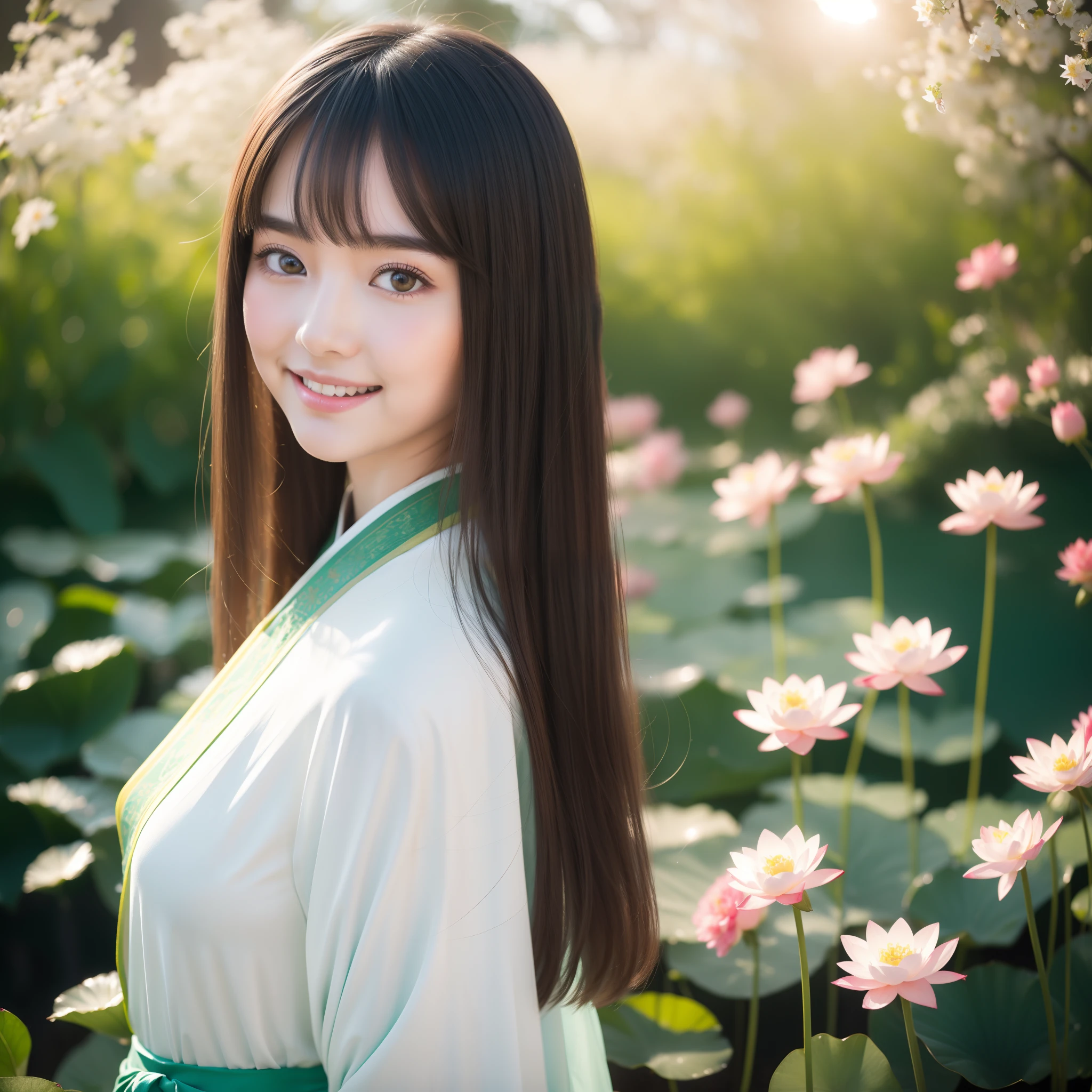 Ultra photo realsisim，ultra-delicate，filmposter，（Fresh and colorful lotus leaves in the lotus pond in early summer1.5），There is a small pavilion on the lake，A young lady in Chinese Hanfu is walking，Real Persono，（Hanfu Fairy 1.3）（Delicate facial features1.3）（Delicate hands 1.3）（Warm sunshine 1.3）（70-200mm lens close-up 1.2），Cinematic lighting effects，Extreme light chasing，（Delicate skin1.3），photore，（Super realistic color combination1.3）（smile1.2）（Hanfu is colorful and varied1.3）