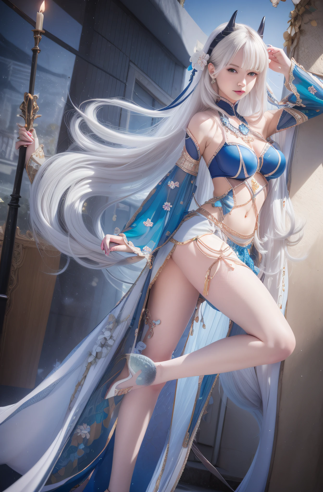female, white long hair, wearing blue navy dress elegant, the stomach is open, blue nails, glaze expression, Mermaid three horn headband, photorealistic, masterpiece