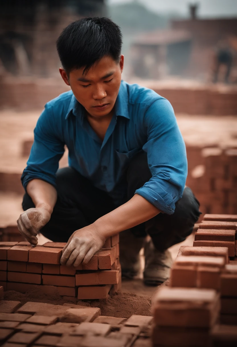 A sweaty young Chinese man moving bricks on a construction site，photore，Real Scene