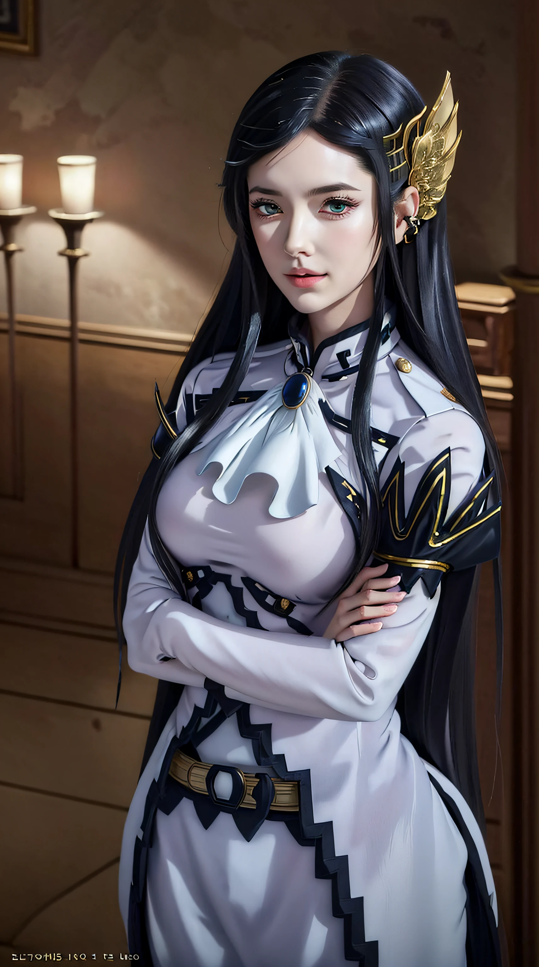 brunhilde from the anime record of ragnarok, long hair, black hair, green eyes, beautiful woman, very beautiful, perfect body, perfect breasts, tall body, standing, looking at the audience, smiling slightly wearing white clothes, masterpiece, textured leather, super detailed, high detail, high quality, best quality, 1080p, 16k