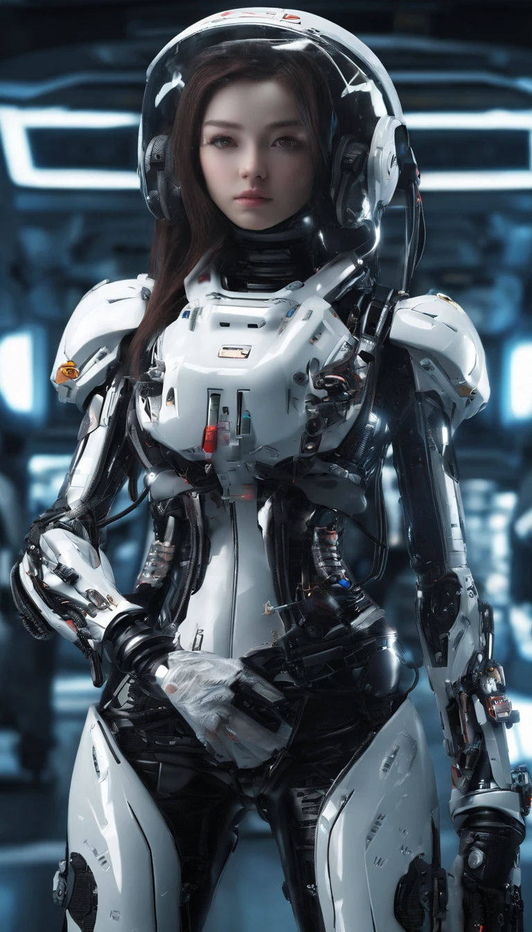 masterpiece、top-quality、The ultra -The high-definition、Top resolution、ighly detailed、profetional lighting、illustratio、(Futuristic spaceship interior interior)、(Inside the space station)、Space passenger aircraft seats、bustshot,1人の女性,(space helmet):1.8,(space suits:1.4),(Glossy Latex Silver Bodysuit):1.3,(deadpan:1.5),(real face):1.5,(very long hair):1.2,(dark hair), Shining hair ornament, head phone,space suits,Colossal tits、(A slight smil:1.0)、pretty skin、Japanese girl, big breasts,
