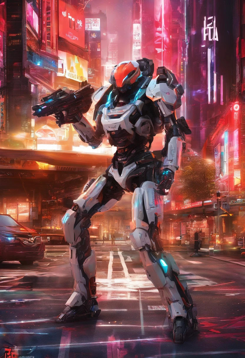 In the city，A tall building，solo person，Mechanical body，Hold a knife in your hand，glowing light eyes，Orange Mech，sci-fy，Neon light，cyber punk perssonage，8k wallpaper，Hyper-detailed work，Cinematic lighting，废墟，holdingweapon，There are no humans，Dark_fantasy,Cyberpunk,(Chainsaw,chainsawman,Red:1.1),1人,Mechanical Wonder,Robotic presence,cybernetic guardians,Wearing a shabby mech suit，iintricate，（Steel metal[Rust]），ellegance，Clear focus，Photo by Greg Rutkowski，Soft lights，vivd colour，tmasterpiece，（（Streets）），cow boy shot，dynamicposes, Robot, mechaMix.