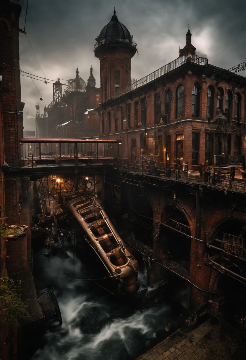 (((Steampunk))),city,(((Crowded buildings))),Exposed gears and pipes,(((Dim light))),Submerged ground,((gear wheel)),((Thick pipe)),Covered bridge,The perspective is from bottom to top, Reflects the height of the building,Dark weather,Smoking chimney,(((Mechanical devices))),((Staggered wire)),In a crowded city,irregular buildings