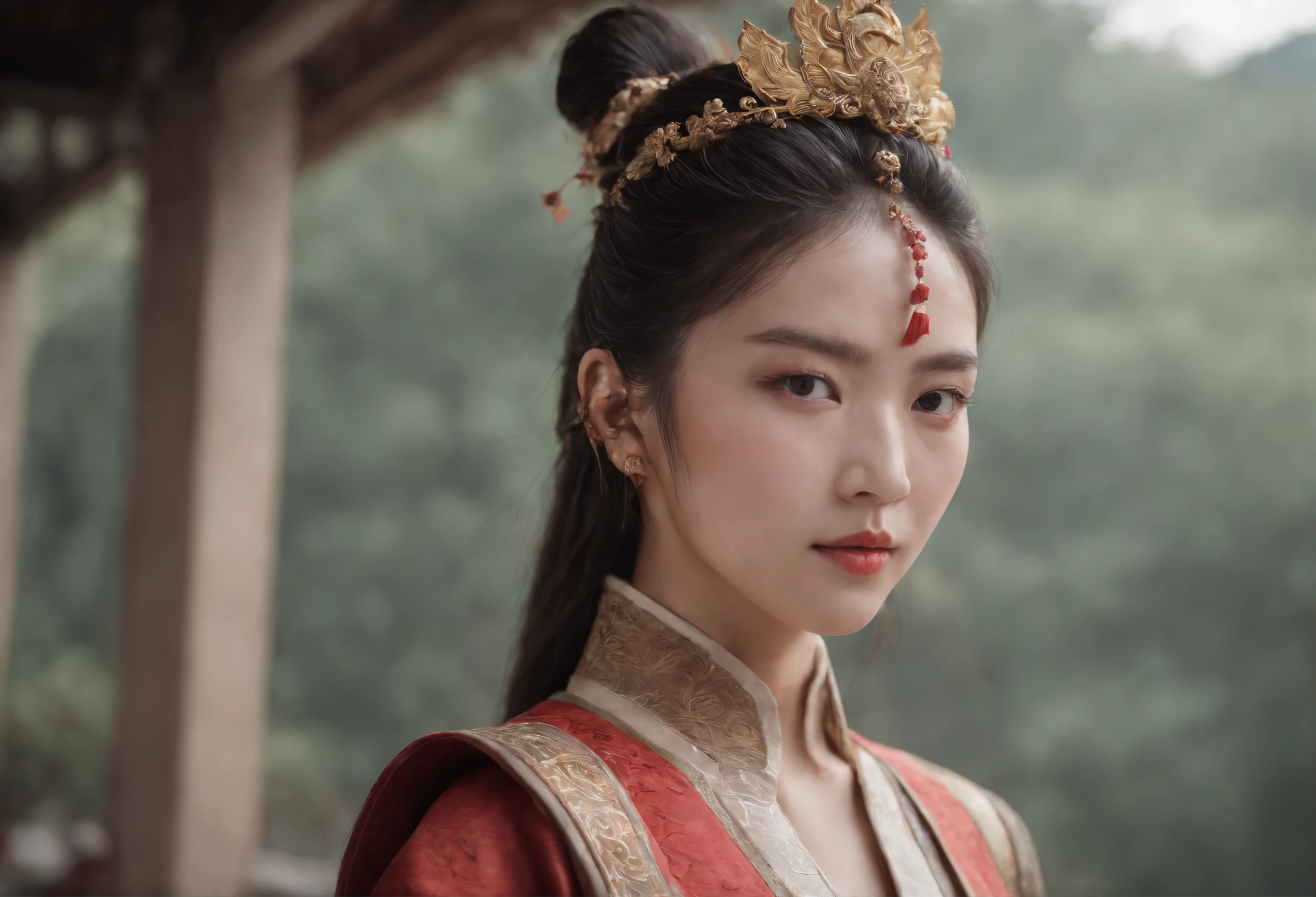 Feng Shen List，tmasterpiece，ultra fine photos，，best qualtiy，超高分辨率，Photoreality，Chiaroscuro，（full-body portraits），stunningly beautiful，dynamicposes，delicated face，Bigchest，Murderous eyes，（seen from the side），She wears ancient Chinese armor，very highly detailed background，detailed face with，Detailed and complex busy background，untidy，opulent，milkyW，Highly detailed skin，Realistic details of skin，Visible Pore，tack sharp focus，volume fog，8k uhd，digital SLR camera，high qulity，filmgrain，White skin of the，photo-realism，lomography，The palace of the Yin Shang King in ancient China , look from down, semi transparent, big breasts