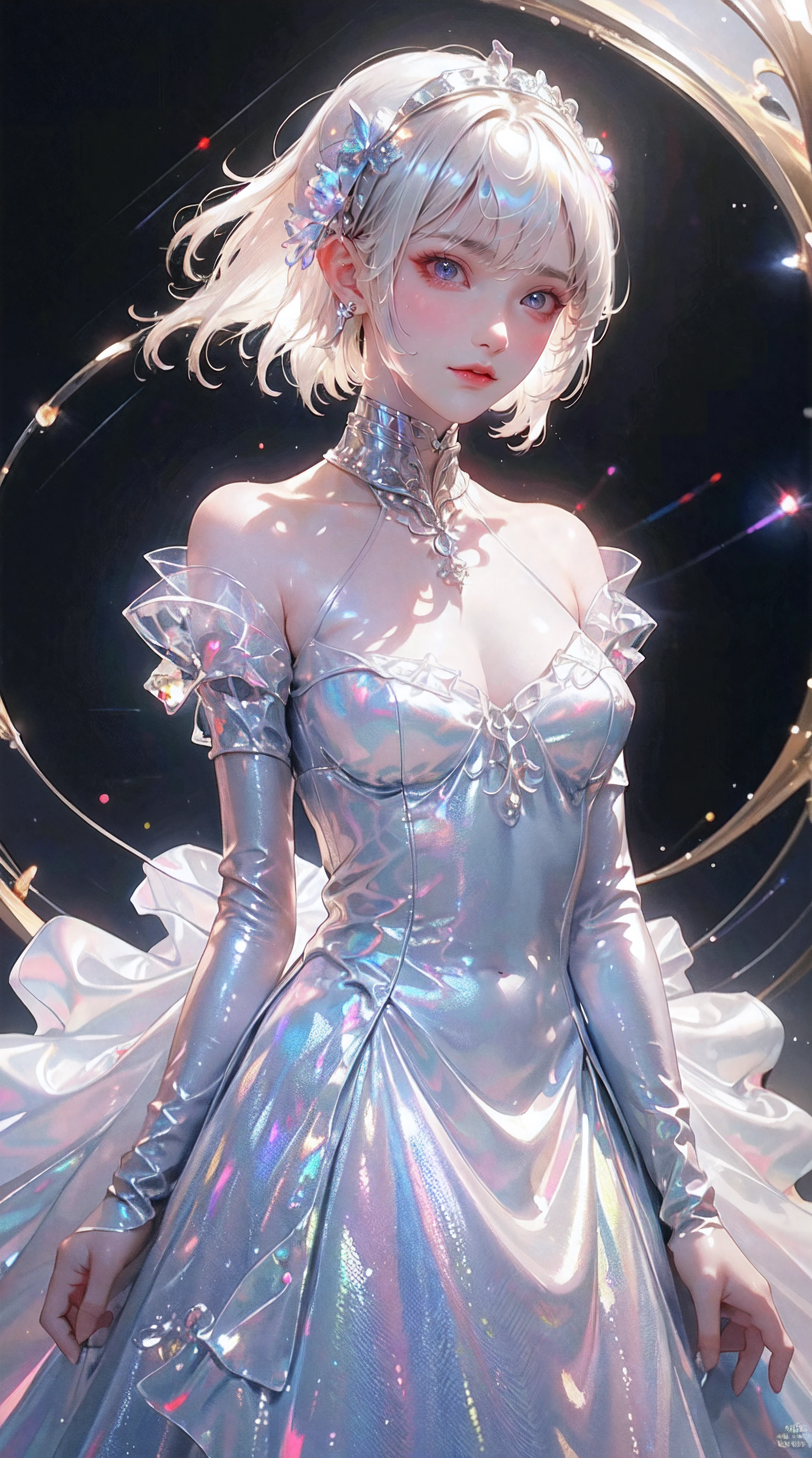 Fluorescent color, 1 girl, Look to the side, Beautiful face, Beautiful eyes, (Off-the-shoulder: 1.2), Upper body, Shiny hair, Shiny skin, Glow-emission cut, Finger proportions are coordinated, Dark, pov, dynamic angle, (((masterpiece))), (((best quality))), ((ultra-detailed)), (illustration), (detailed light), ((an extremely delicate and beautiful)), dramatic_shadow, ray_tracing, reflection, Super high resolution, laser
