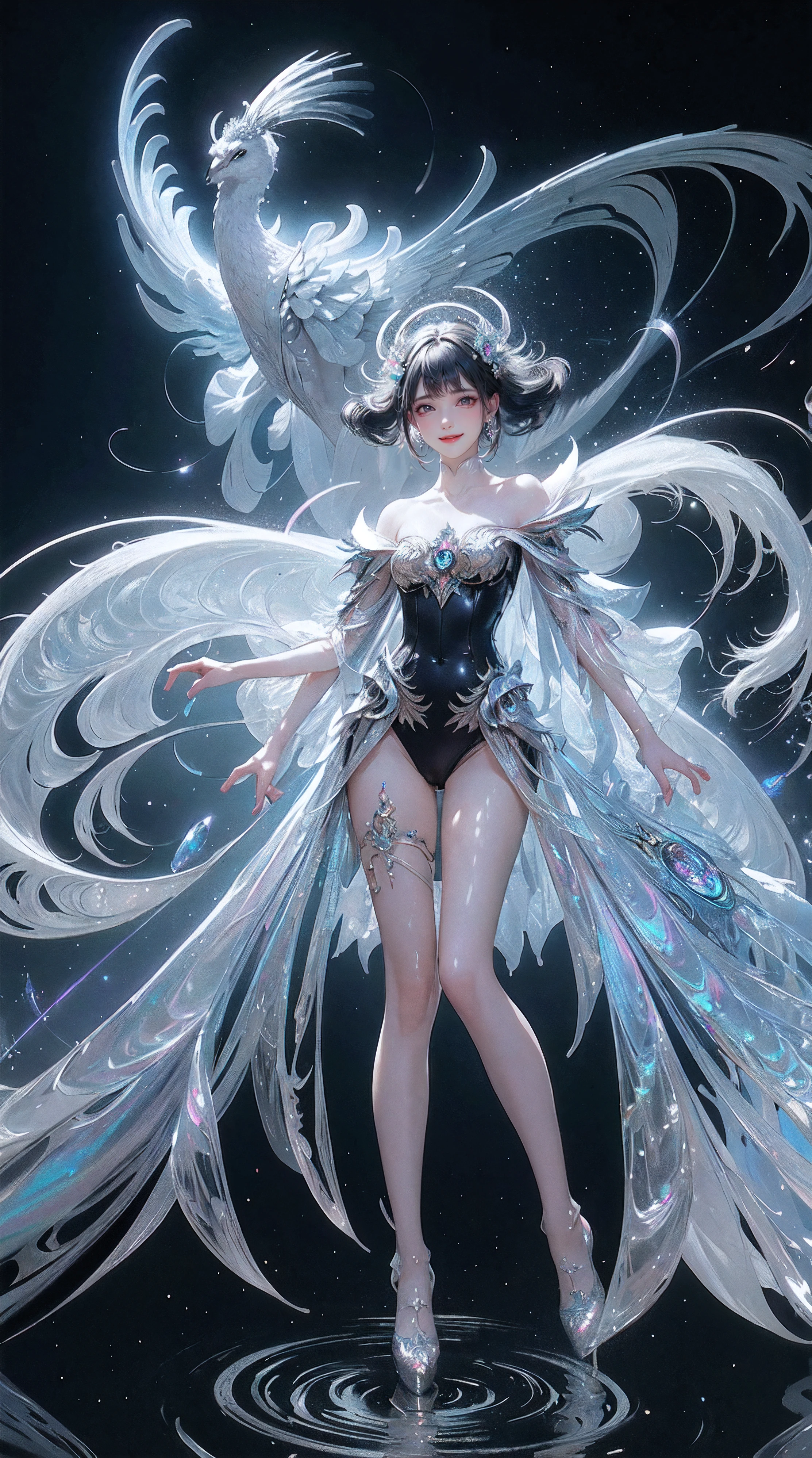 (((Front view shot illustration,full body,s fractal art)))，Mechanical with peacock feathers as background，1girl，Mechanical joints，Transform limbs，mechanical punc，Peacock feathered punk，Circular background composition，insanely detailed and intricate, hypermaximalist, elegant, ornate, Fluorescent color, Look to the side, Beautiful face, Beautiful eyes, (Off-the-shoulder: 1.2), Upper body, Shiny hair, Shiny skin, Glow-emission cut, Finger proportions are coordinated, Dark, pov, dynamic angle, (((masterpiece))), (((best quality))), ((ultra-detailed)), (illustration), (detailed light), ((an extremely delicate and beautiful)), dramatic_shadow, ray_tracing, reflection, Super high resolution, laser