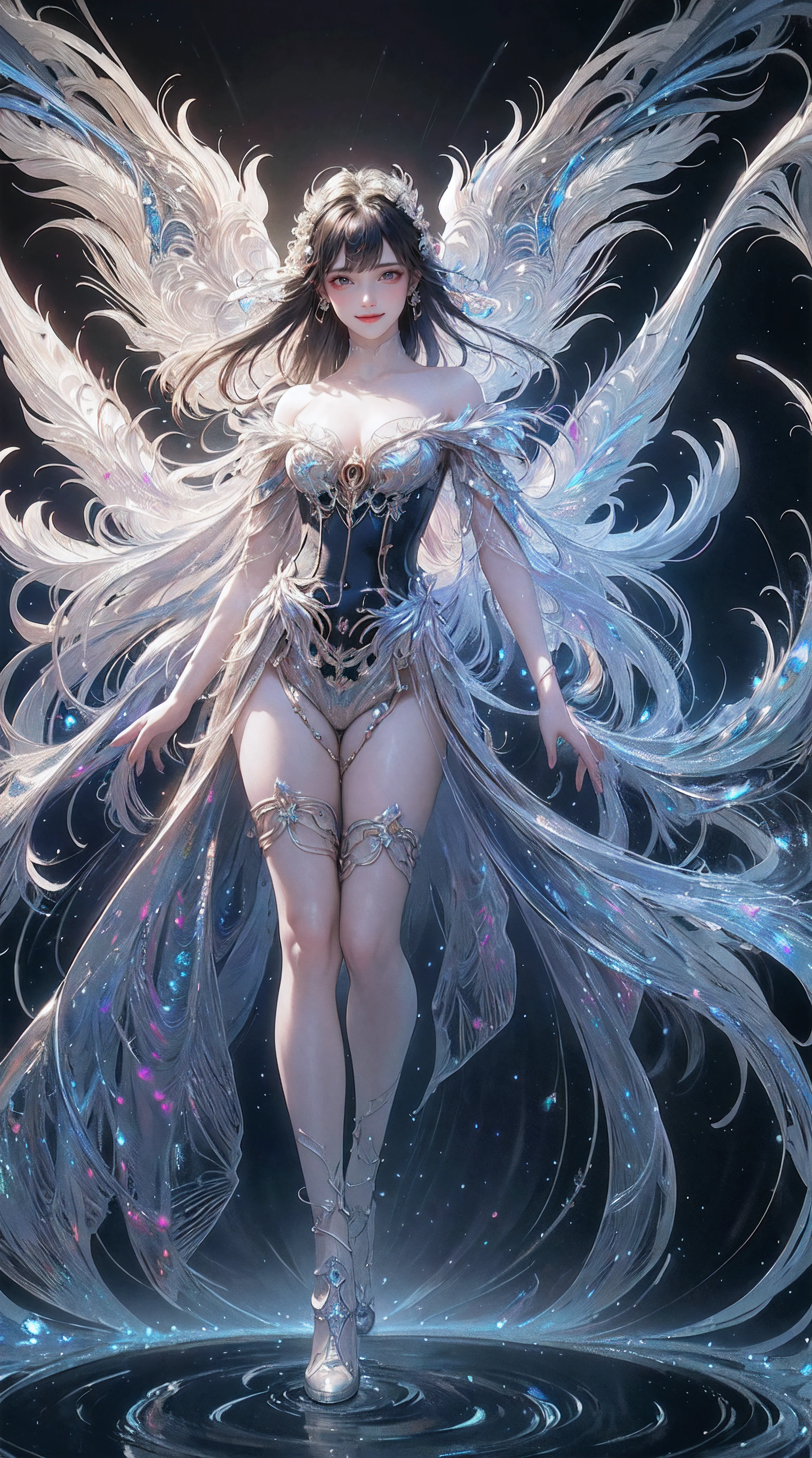 (((Front view shot illustration,full body,s fractal art))),Mechanical with peacock feathers as background,1girl,Mechanical joints,Transform limbs,mechanical punc,Peacock feathered punk,Circular background composition,insanely detailed and intricate, hypermaximalist, elegant, ornate, Fluorescent color, Look to the side, Beautiful face, Beautiful eyes, (Off-the-shoulder: 1.2), Upper body, Shiny hair, Shiny skin, Glow-emission cut, Finger proportions are coordinated, Dark, pov, dynamic angle, (((masterpiece))), (((best quality))), ((ultra-detailed)), (illustration), (detailed light), ((an extremely delicate and beautiful)), dramatic_shadow, ray_tracing, reflection, Super high resolution, laser