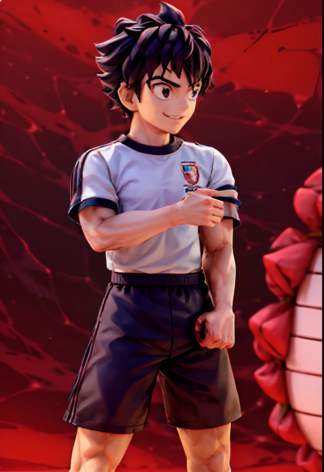 arafed figure of a boy in a soccer uniform with a soccer ball, pop up parade figure, good smile company anime style, full body 1 / 6 nihei tsutomu, in style of kentaro miura, shinji ikari, ( highly detailed figure ), full body close-up shot, up close shot shinji aramaki