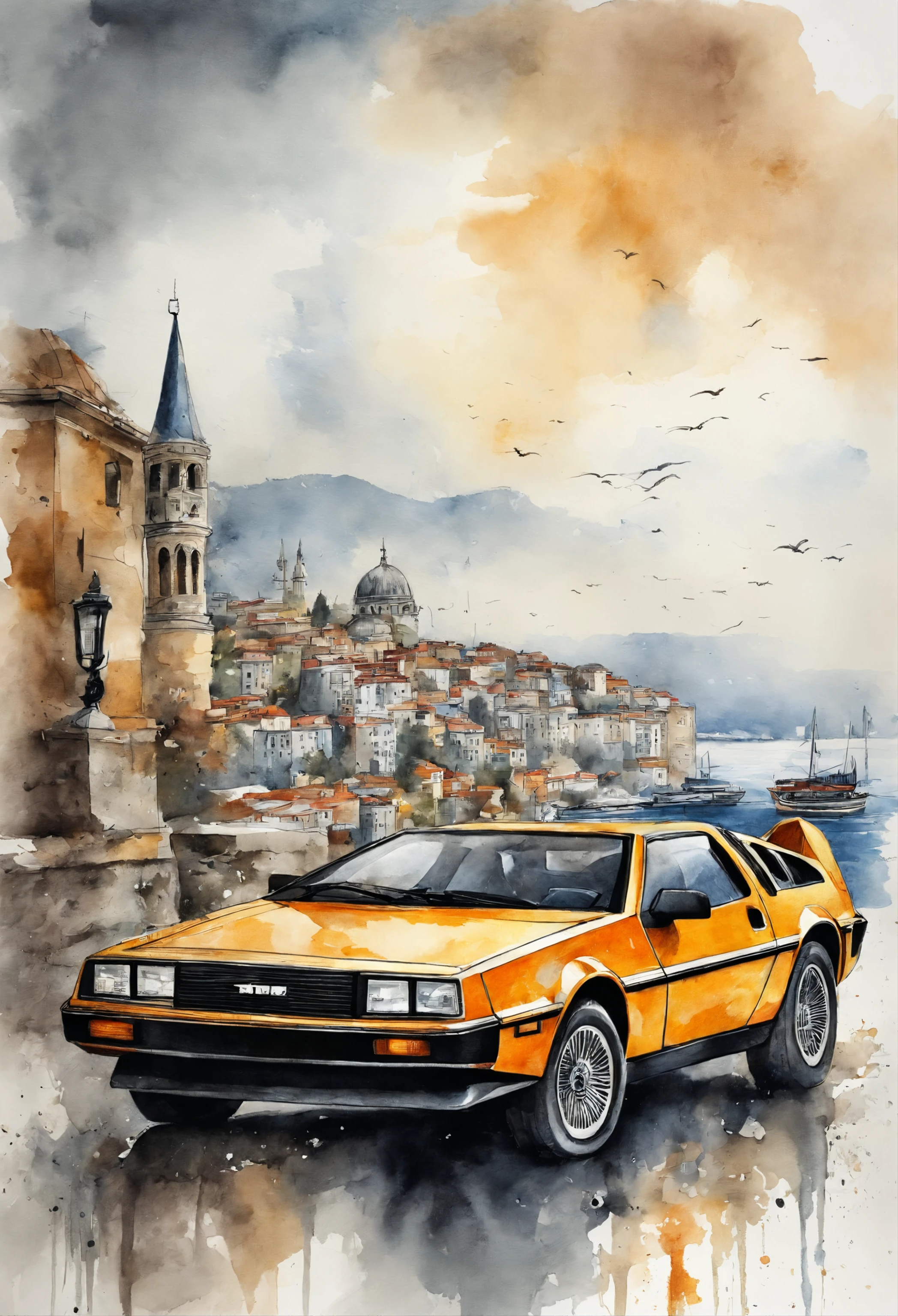 Delorean、rain falling、View of Galata Harbor and the gorgeous Bosphorus(Jean-Paul Krokinur's style). das boot, Clouds, watercolor paiting, architectural drawing, closure, With floor plan, pens, [Ink color], Dirty Tone, Colored