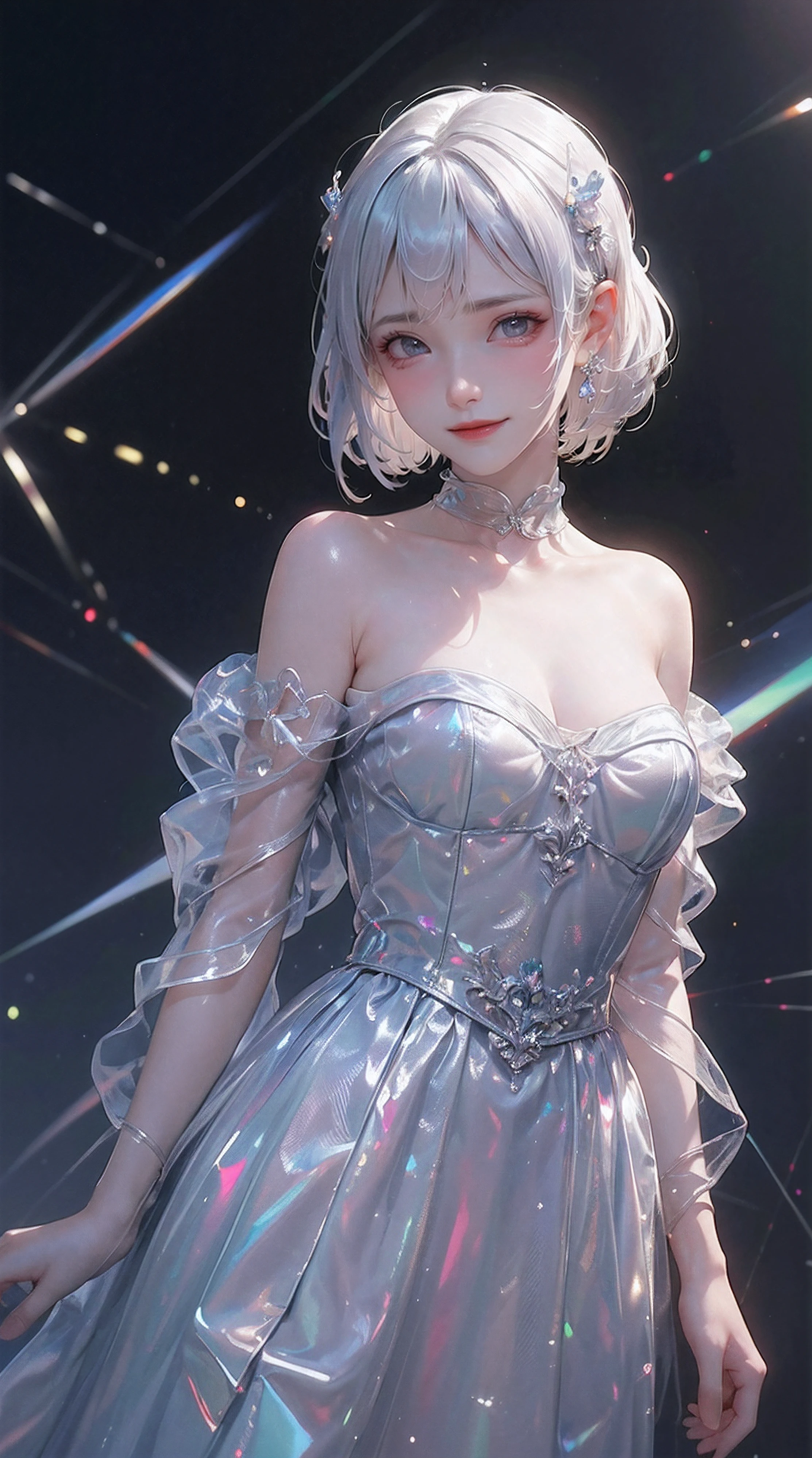 (((masterpiece))), (((best quality))), ((ultradetailed)),1girl,solo,short white hair,white transparent holographic clothing,black background, light particles, night,black night, <lora:conceptHolographic_holographicClothing:1>