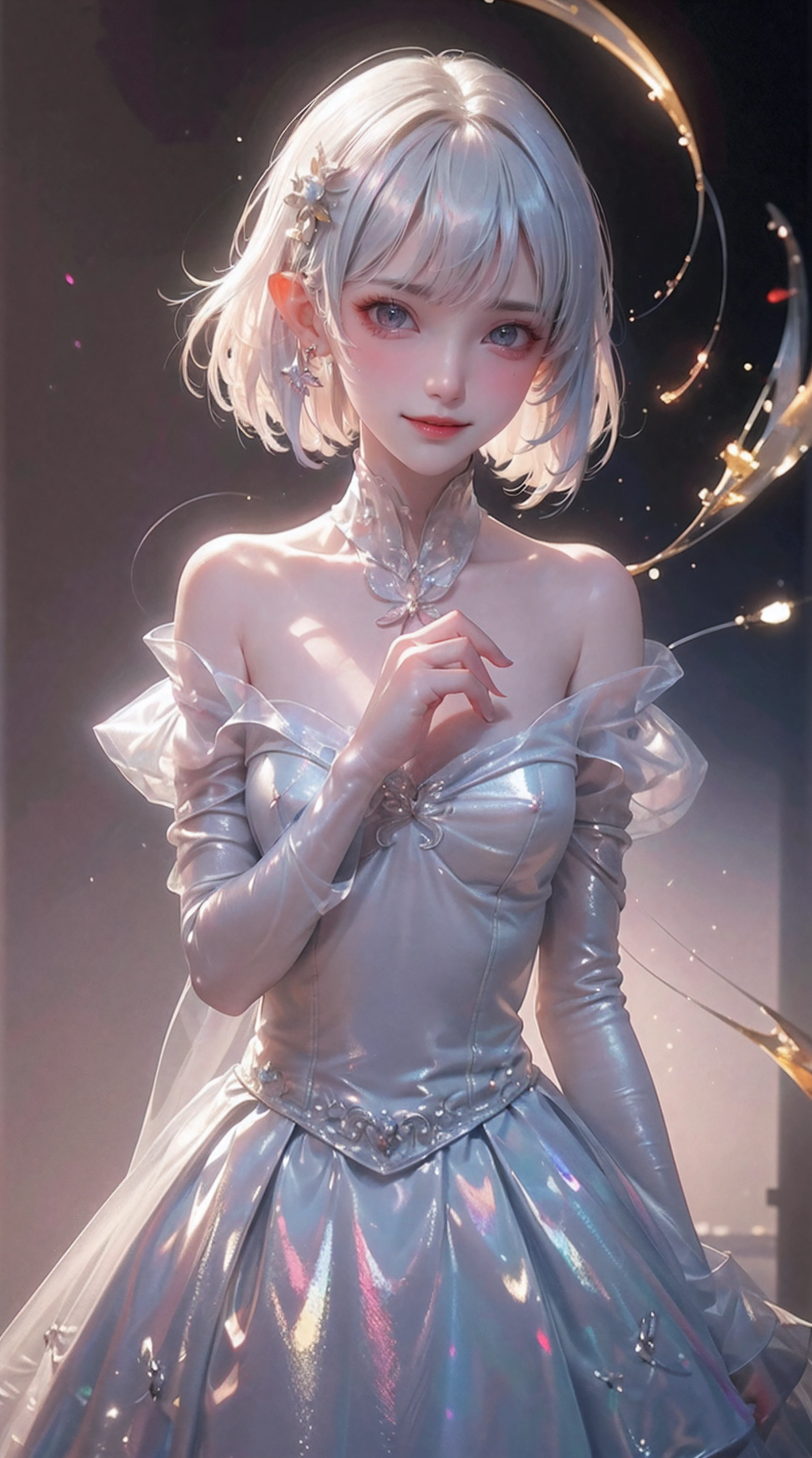 Fluorescent color, 1 girl, Look to the side, Beautiful face, Beautiful eyes, (Off-the-shoulder: 1.2), Upper body, Shiny hair, Shiny skin, Glow-emission cut, Finger proportions are coordinated, Dark, pov, dynamic angle, (((masterpiece))), (((best quality))), ((ultra-detailed)), (illustration), (detailed light), ((an extremely delicate and beautiful)), dramatic_shadow, ray_tracing, reflection, Super high resolution, laser, chibi