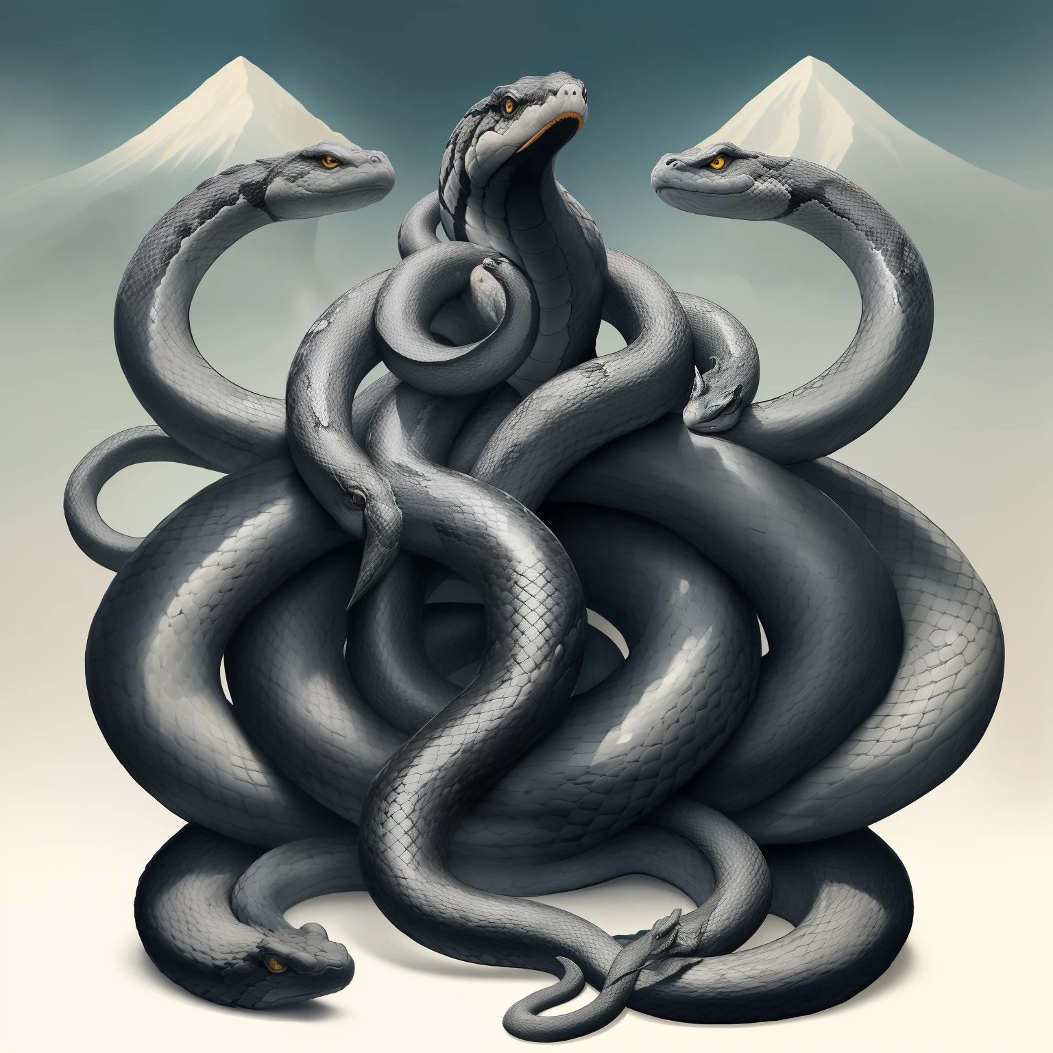 top-quality、Large snake with eight heads and tails、Yamata Orochi、Bigger than a mountain、Clear black lines、full body Esbian、The background is nature