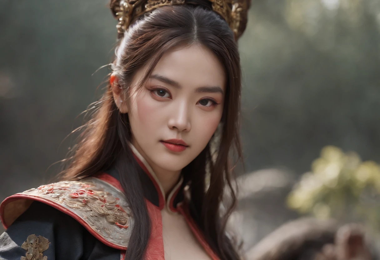 Feng Shen List,tmasterpiece,ultra fine photos,,best qualtiy,超高分辨率,Photoreality,Chiaroscuro,(full-body portraits),stunningly beautiful,dynamicposes,delicated face,Bigchest,Murderous eyes,(seen from the side),She wears ancient Chinese armor,very highly detailed background,detailed face with,Detailed and complex busy background,untidy,opulent,milkyW,Highly detailed skin,Realistic details of skin,Visible Pore,tack sharp focus,volume fog,8k uhd,digital SLR camera,high qulity,filmgrain,White skin of the,photo-realism,lomography,The palace of the Yin Shang King in ancient China , look from down, semi transparent, large breasts, showing cleavage,